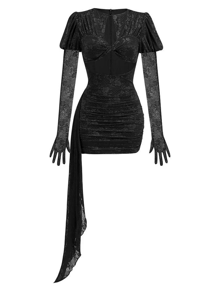 Black Color Women Long Sleeve Sexy Bodycon Draped Mini Dress Nightclub Party Bar Singer Celebrate Dress Vestido - Image 3