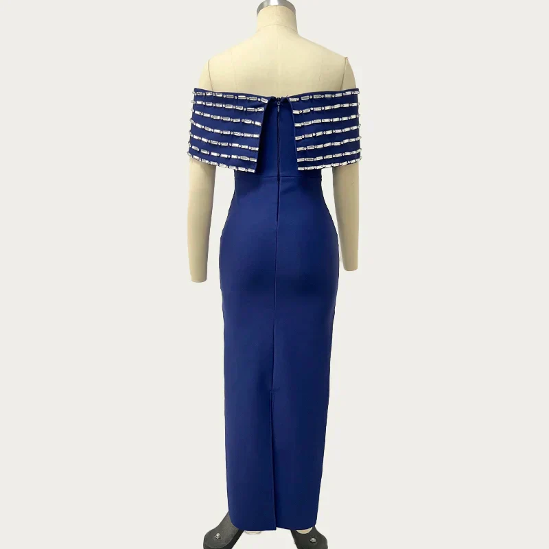 New Blue Color Women Sexy Slash Neck Off the Shoulder Shinning Crystal Bodycon Long Bandage Dress Elegant Evening Party Outfit - Image 5