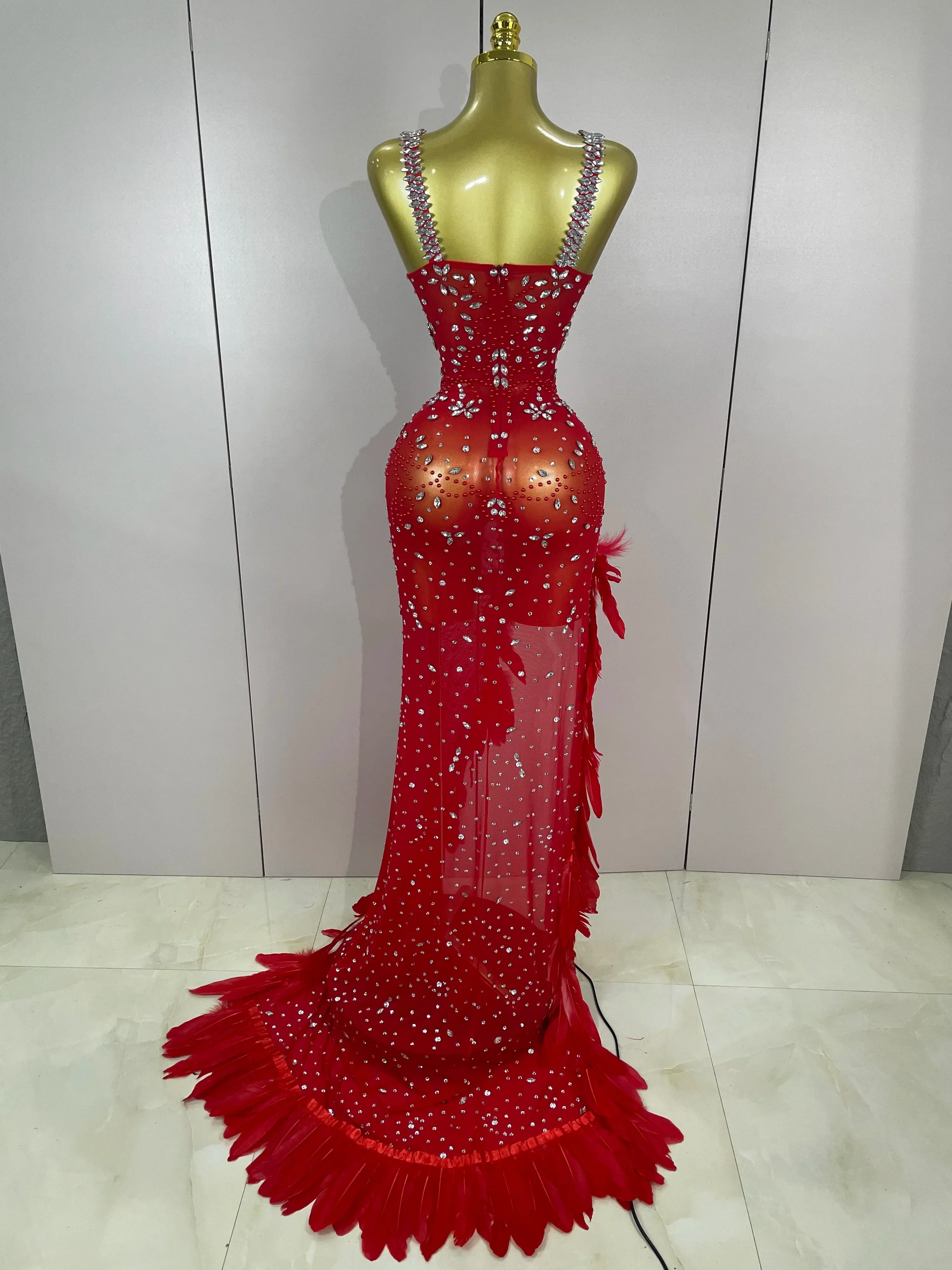 Exquisite Feather Red Evening Dress Women Sparkle Rhinestones Sexy High Slit Birthday Celebrate Stage Photoshoot Costume - Image 3