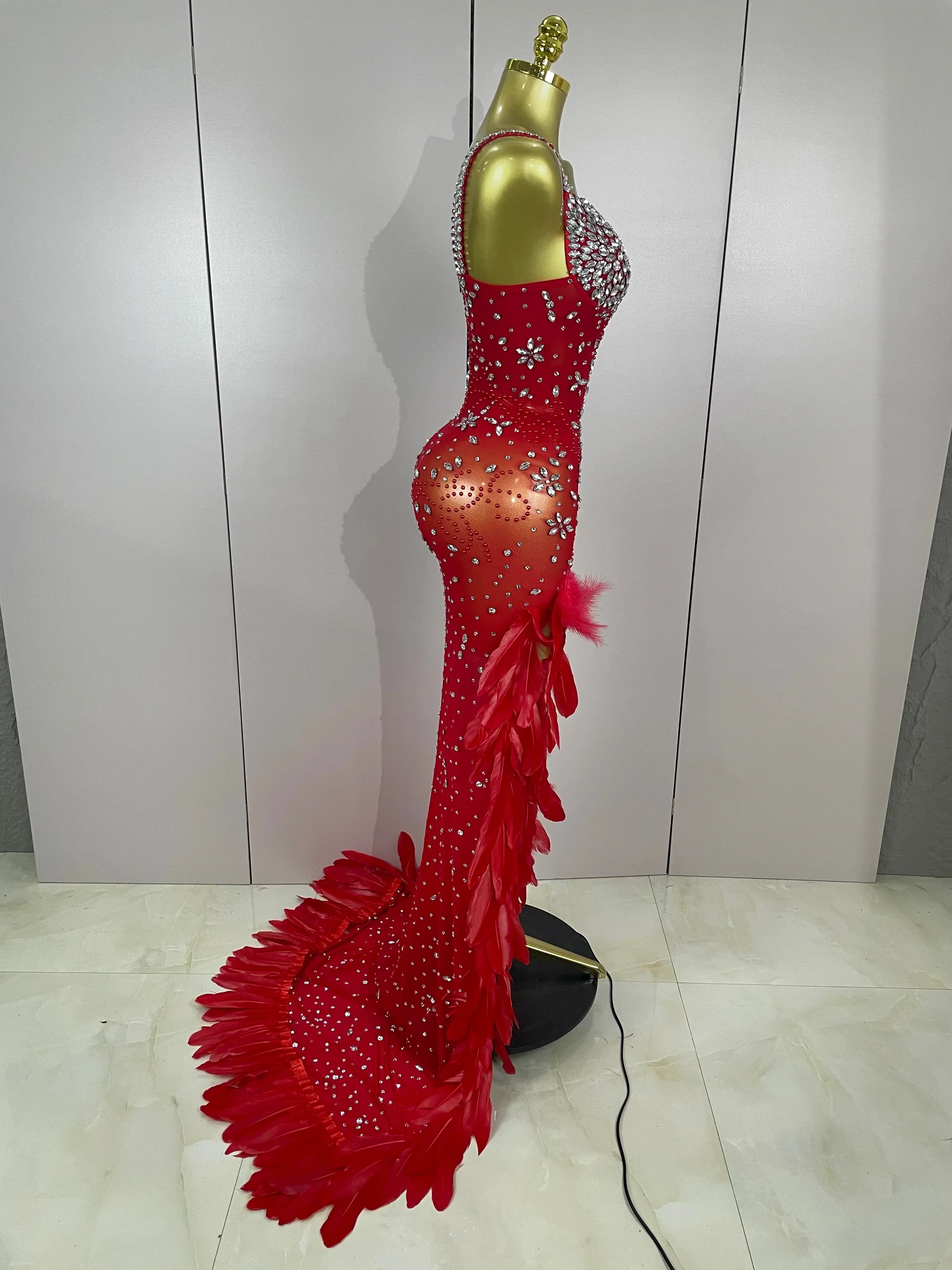 Exquisite Feather Red Evening Dress Women Sparkle Rhinestones Sexy High Slit Birthday Celebrate Stage Photoshoot Costume - Image 4