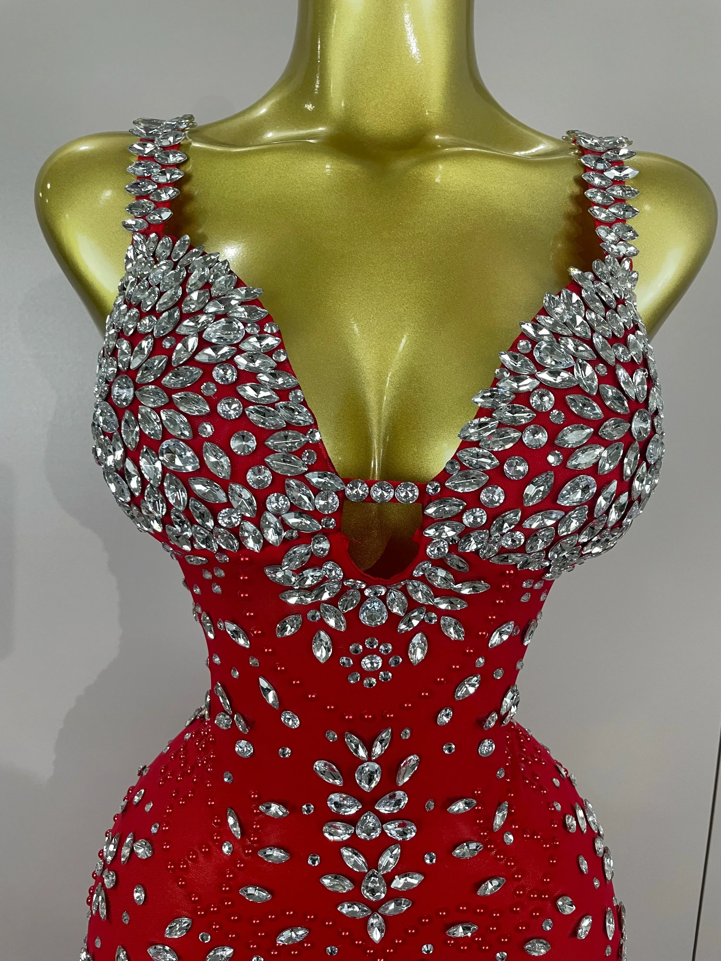 Exquisite Feather Red Evening Dress Women Sparkle Rhinestones Sexy High Slit Birthday Celebrate Stage Photoshoot Costume - Image 5