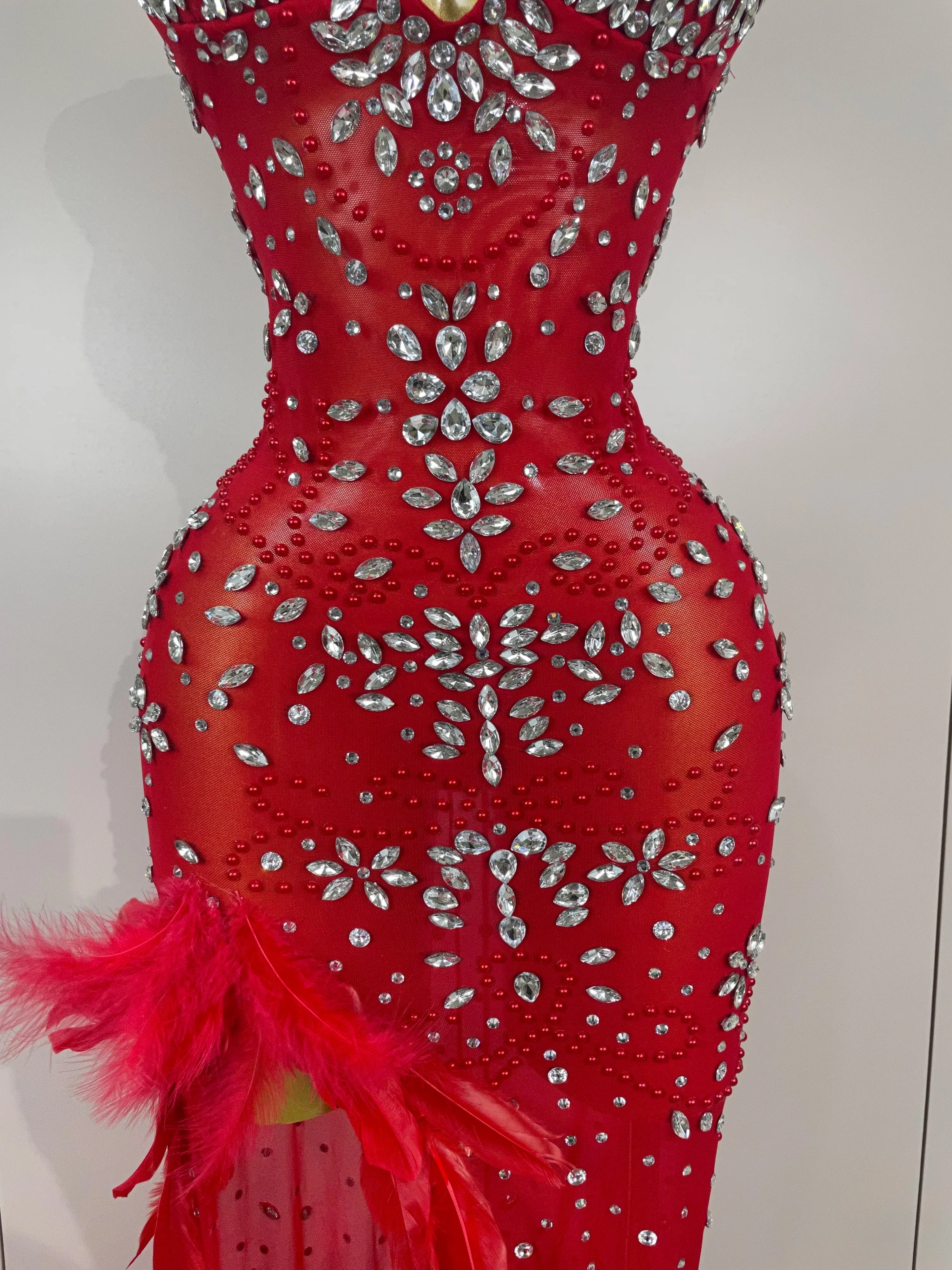 Exquisite Feather Red Evening Dress Women Sparkle Rhinestones Sexy High Slit Birthday Celebrate Stage Photoshoot Costume - Image 6