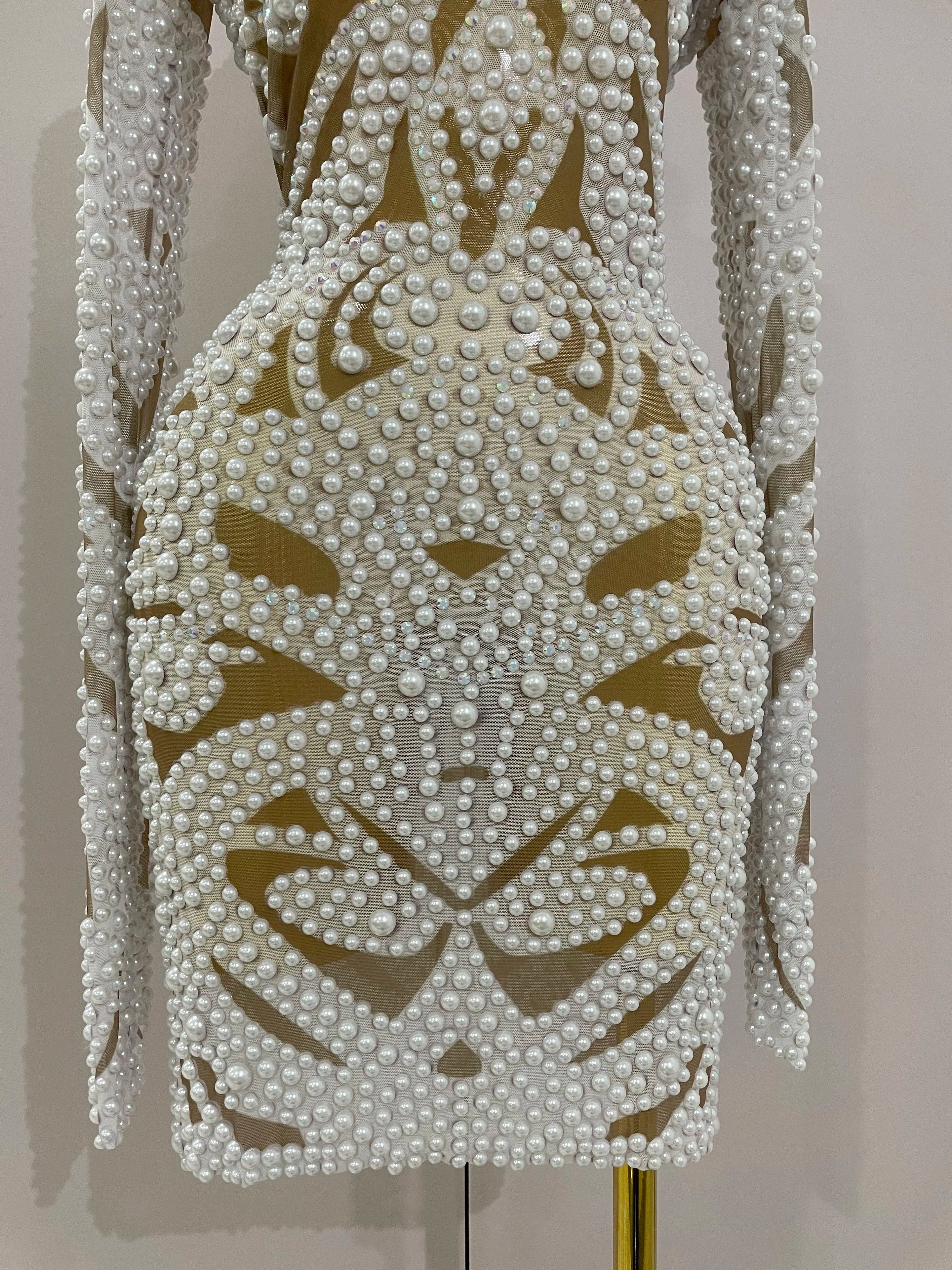 High-end Elegant Evening Gown AB Rhinestones Pearls Luxury Long Sleeves Mesh Dress Women Cocktail party Wedding Costume - Image 6