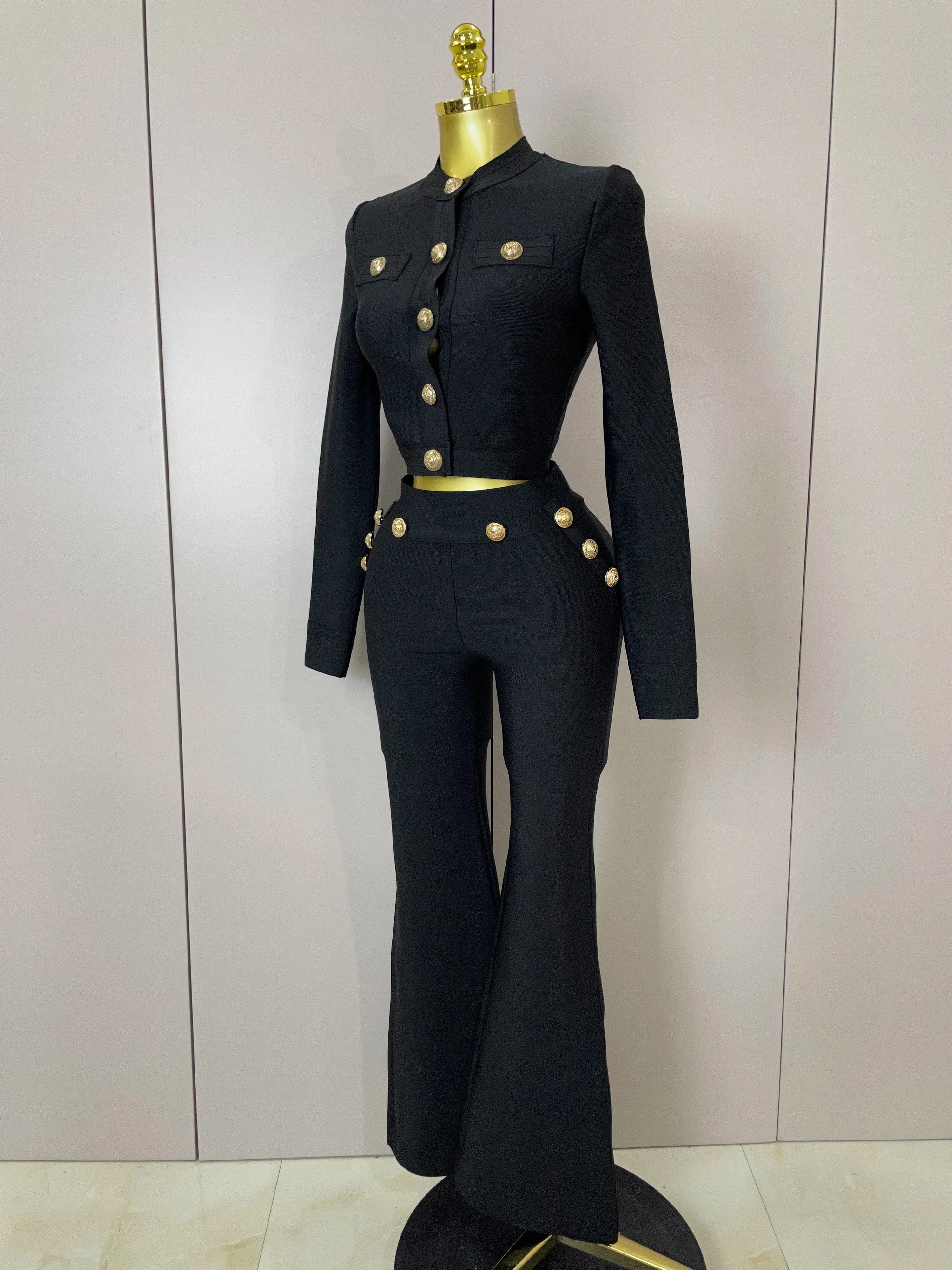 Golden Buttons Short Coat Top And Flare Pants Bandage 2 Pieces Set Woman Celebrity Evening Party Vestidos - Image 2