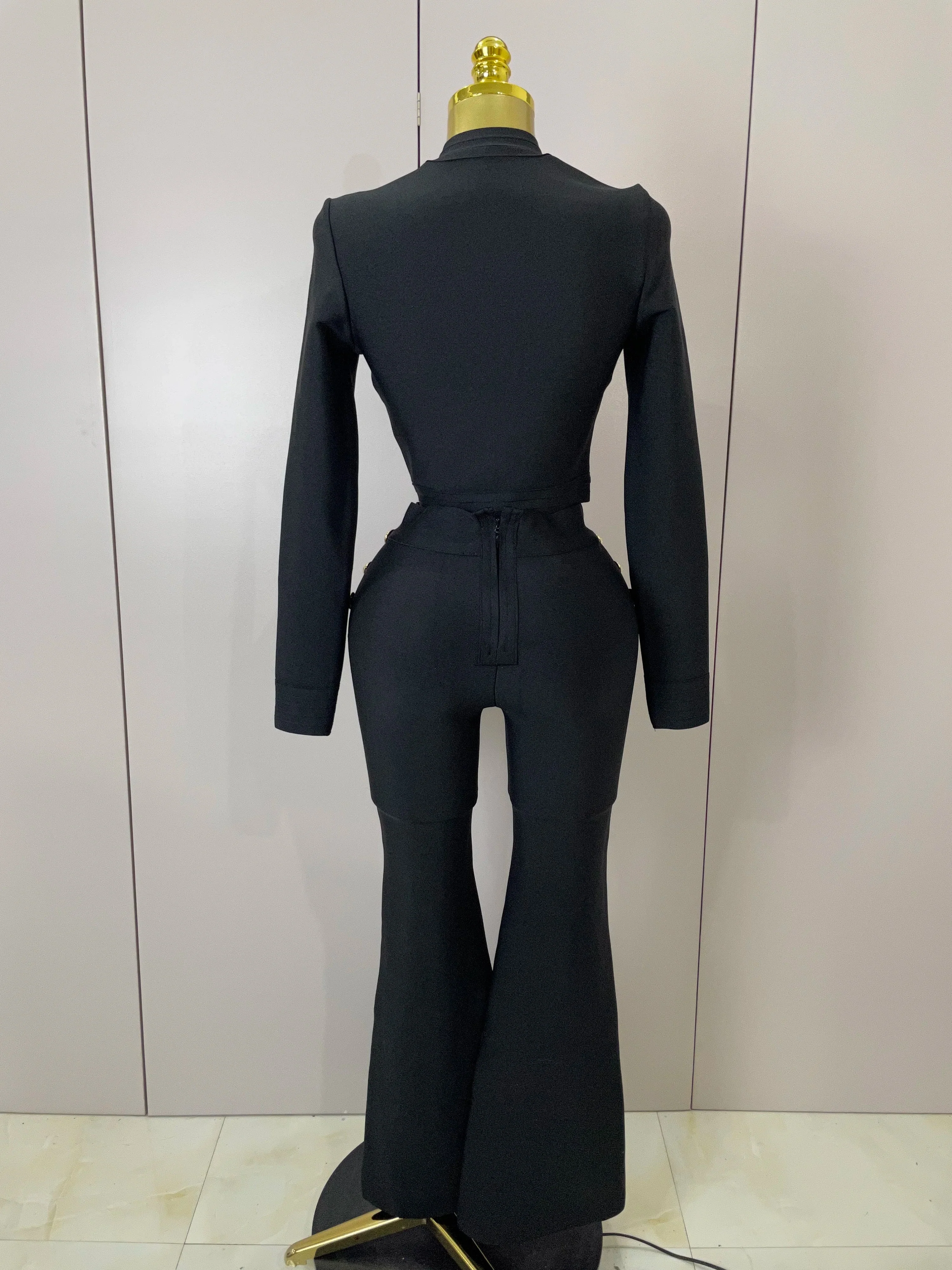 Golden Buttons Short Coat Top And Flare Pants Bandage 2 Pieces Set Woman Celebrity Evening Party Vestidos - Image 3