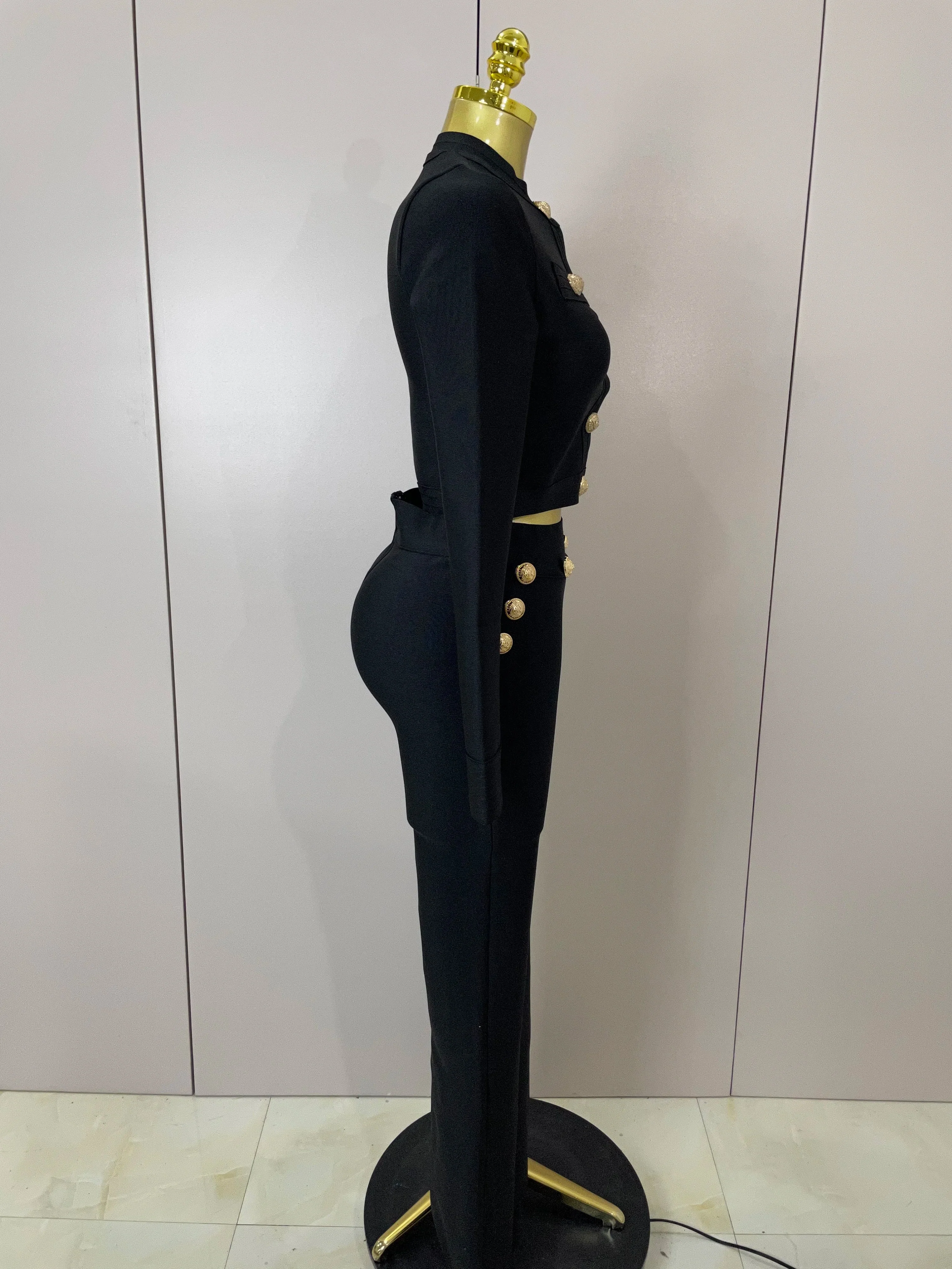 Golden Buttons Short Coat Top And Flare Pants Bandage 2 Pieces Set Woman Celebrity Evening Party Vestidos - Image 4