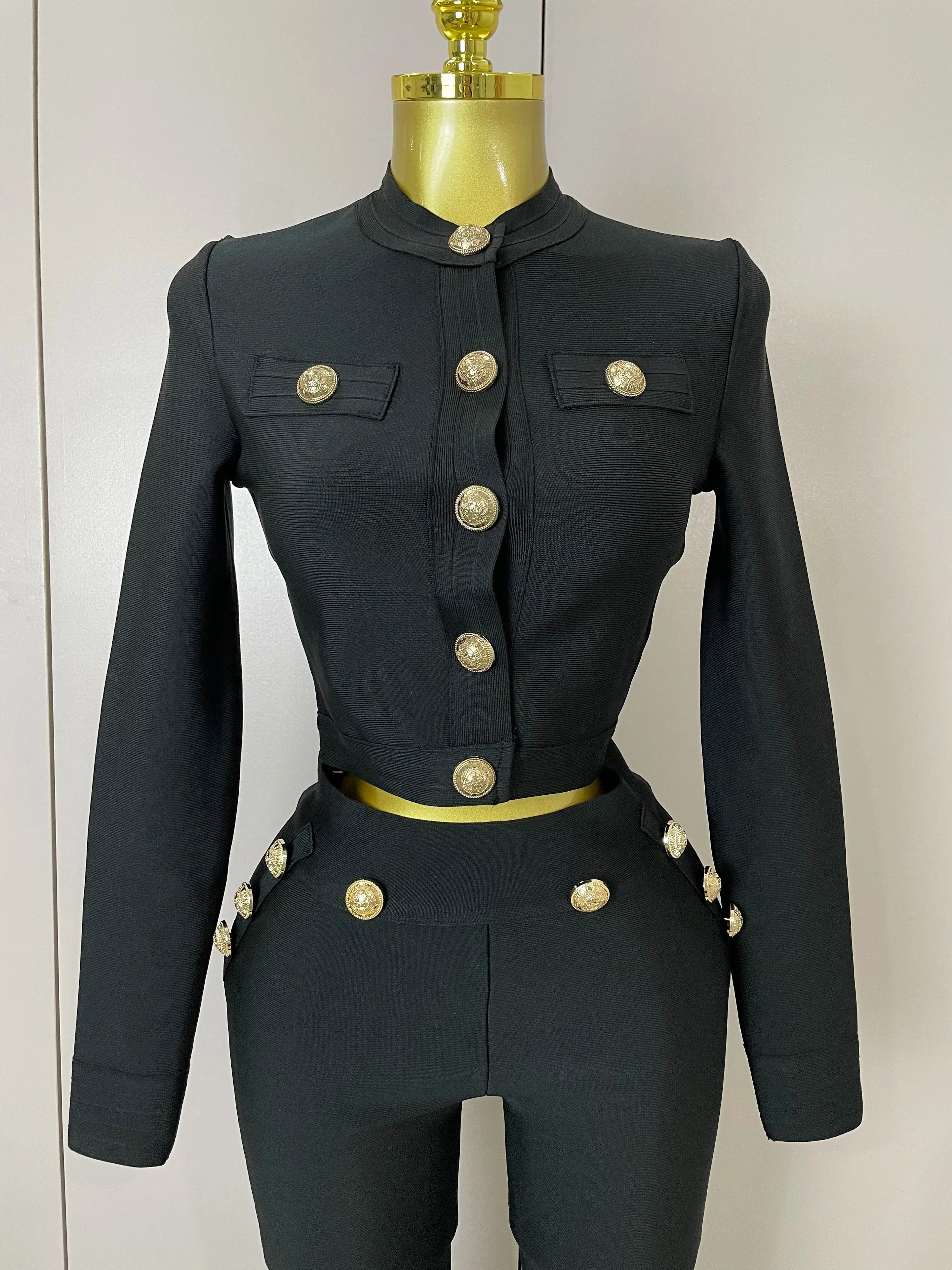Golden Buttons Short Coat Top And Flare Pants Bandage 2 Pieces Set Woman Celebrity Evening Party Vestidos - Image 5