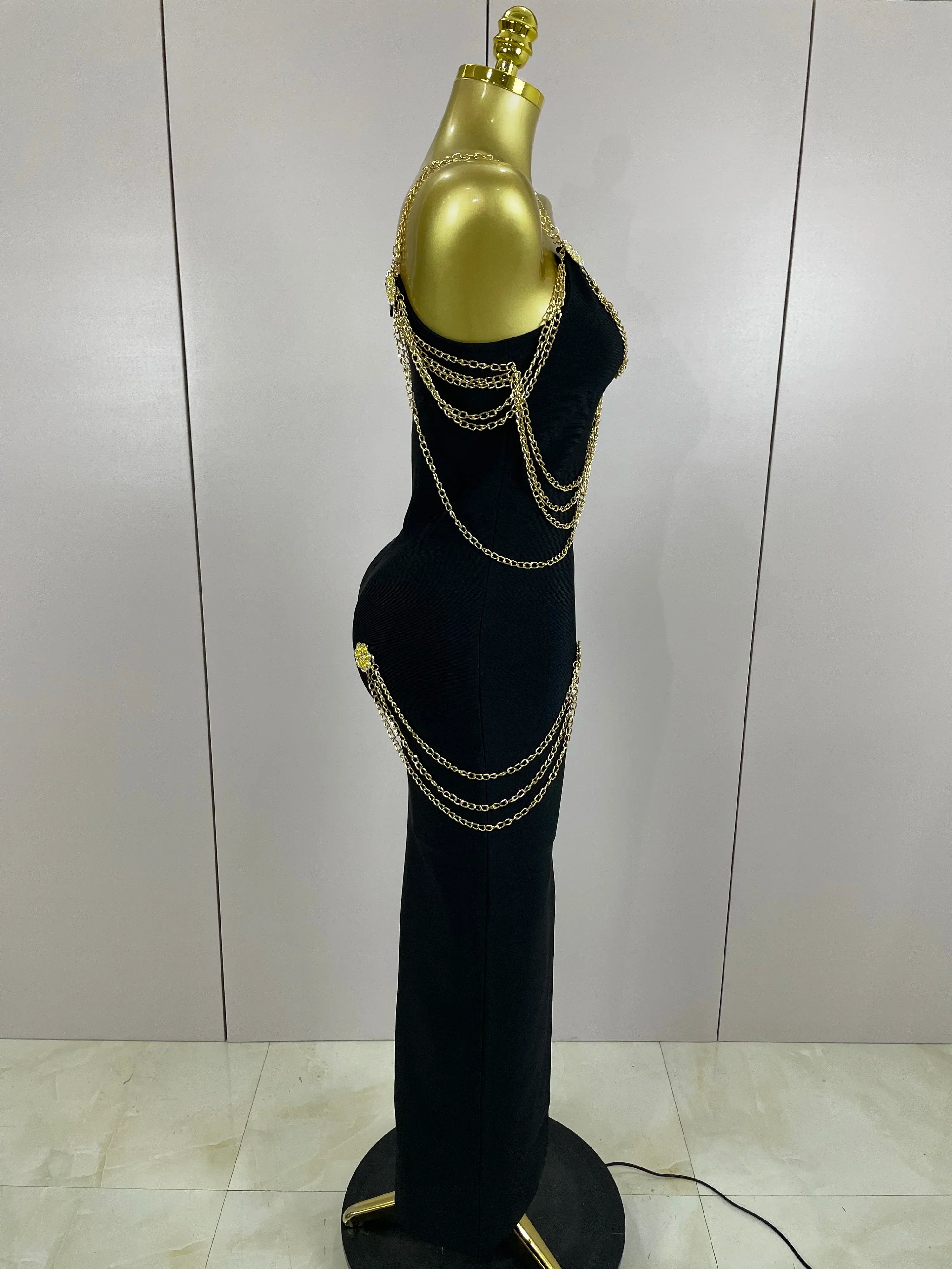 Black Chain Spaghetti Strap V-Neck Split Bandage Dress Bodycon Celebrity Club Party Long Dress Vestidos - Image 4