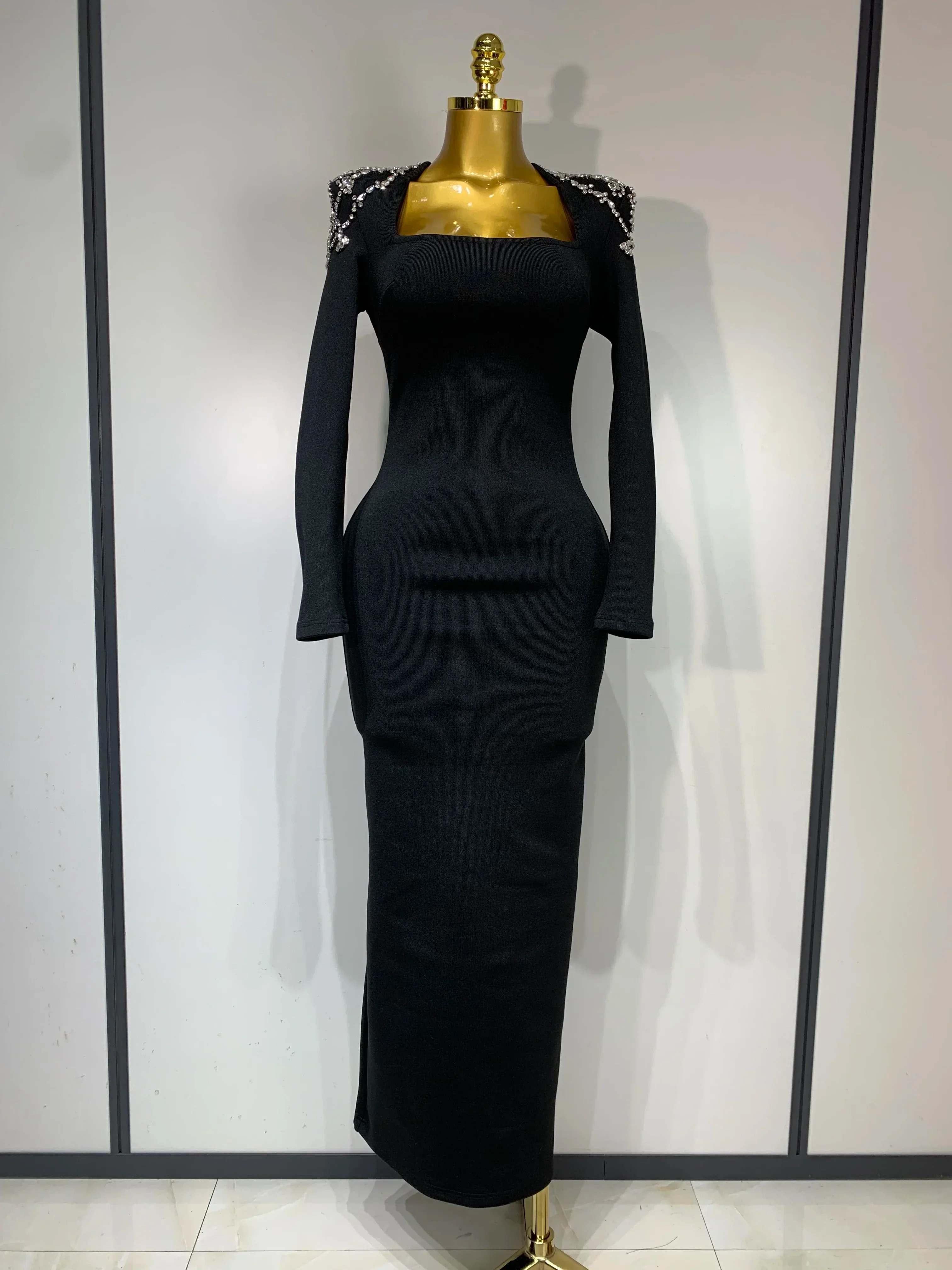 Luxury Birthday Dresses Diamond Tight Long Sleeve Square Neck Long Bandage Dress Women Wedding Evening Formal Gowns