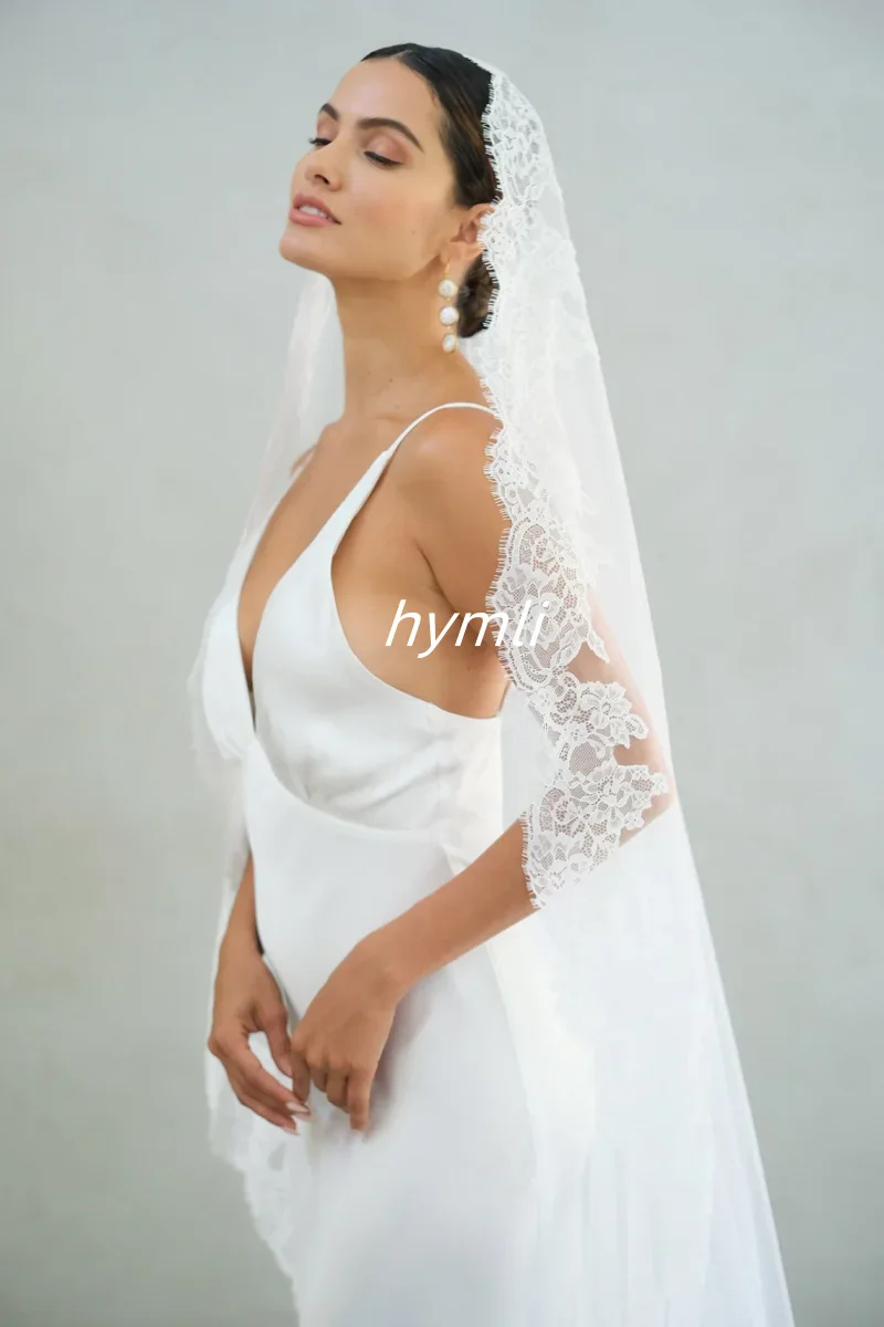 New One Tier Bridal Veil with Eyelash lace Trim Mantilla Lace Veil Soft Wedding Veil - Image 3