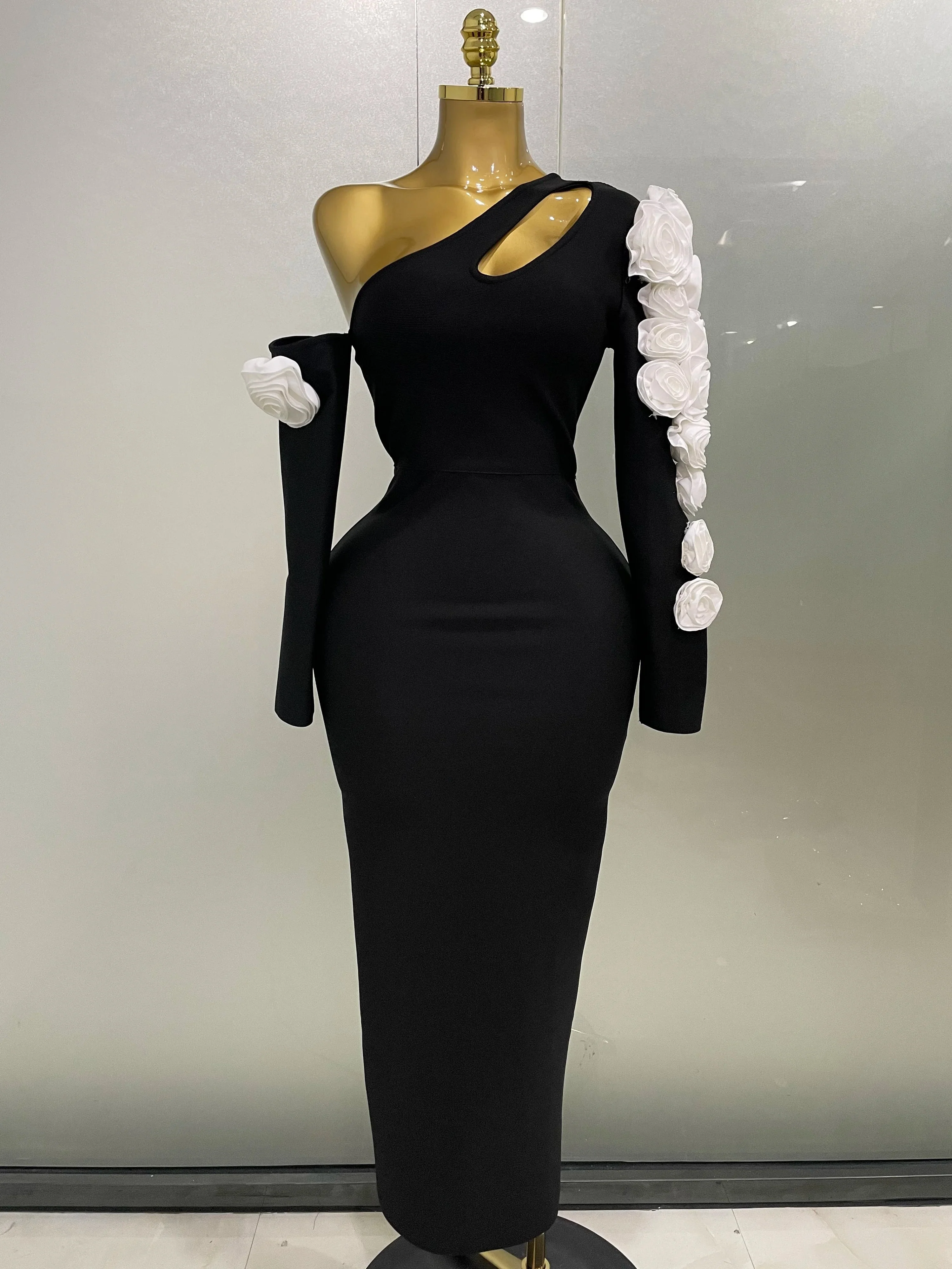 Sexy One Shoulder Key Hole Flower Maxi Long Bodycon Bandage Dress Women Knitted Elegant Evening Club Party Outfit