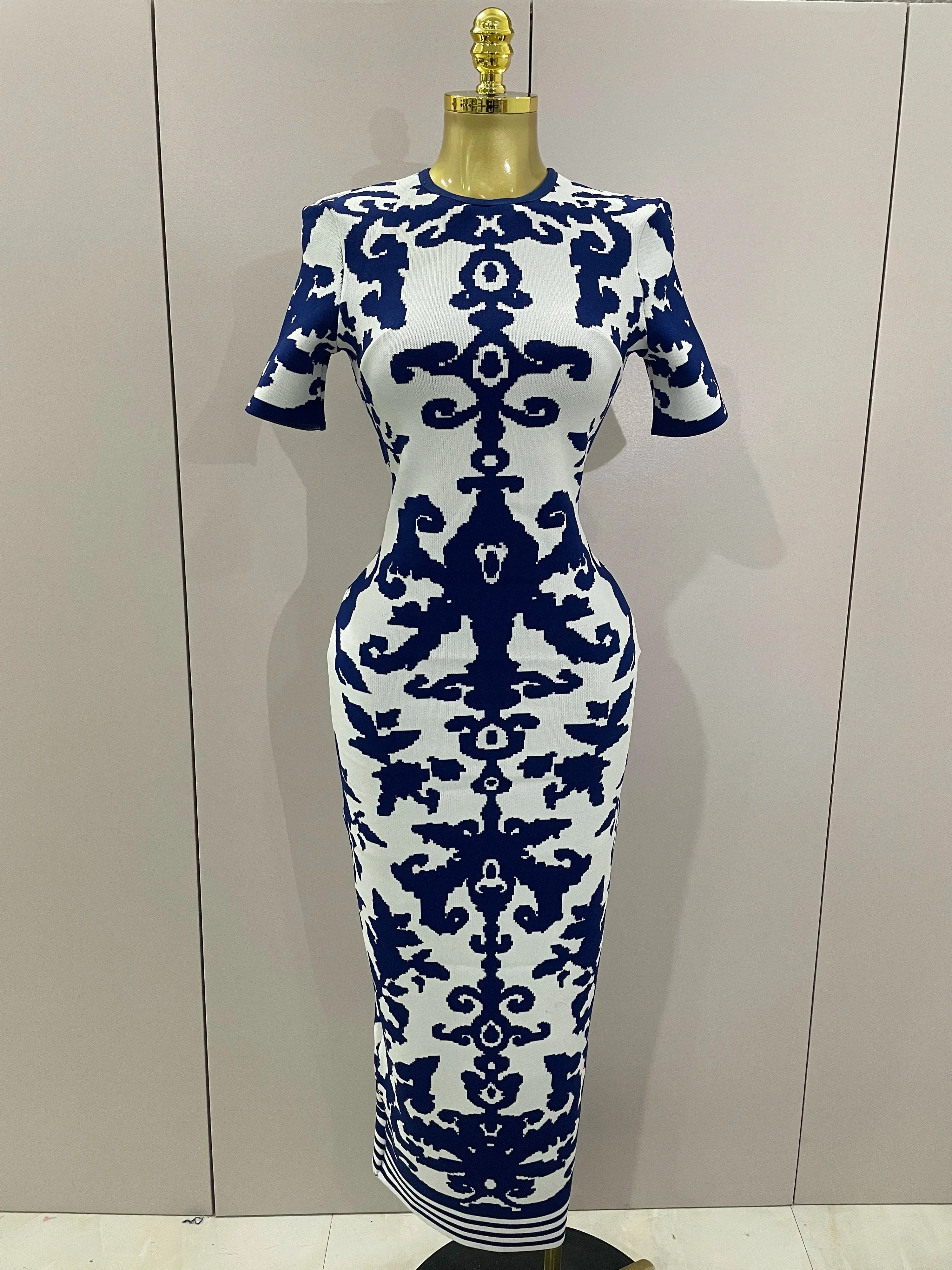 Sexy Short Sleeve Jacquard Blue Bandage Bodycon Long Dress Women Celebrity Elegant Evening Club Party Luxury Dresses