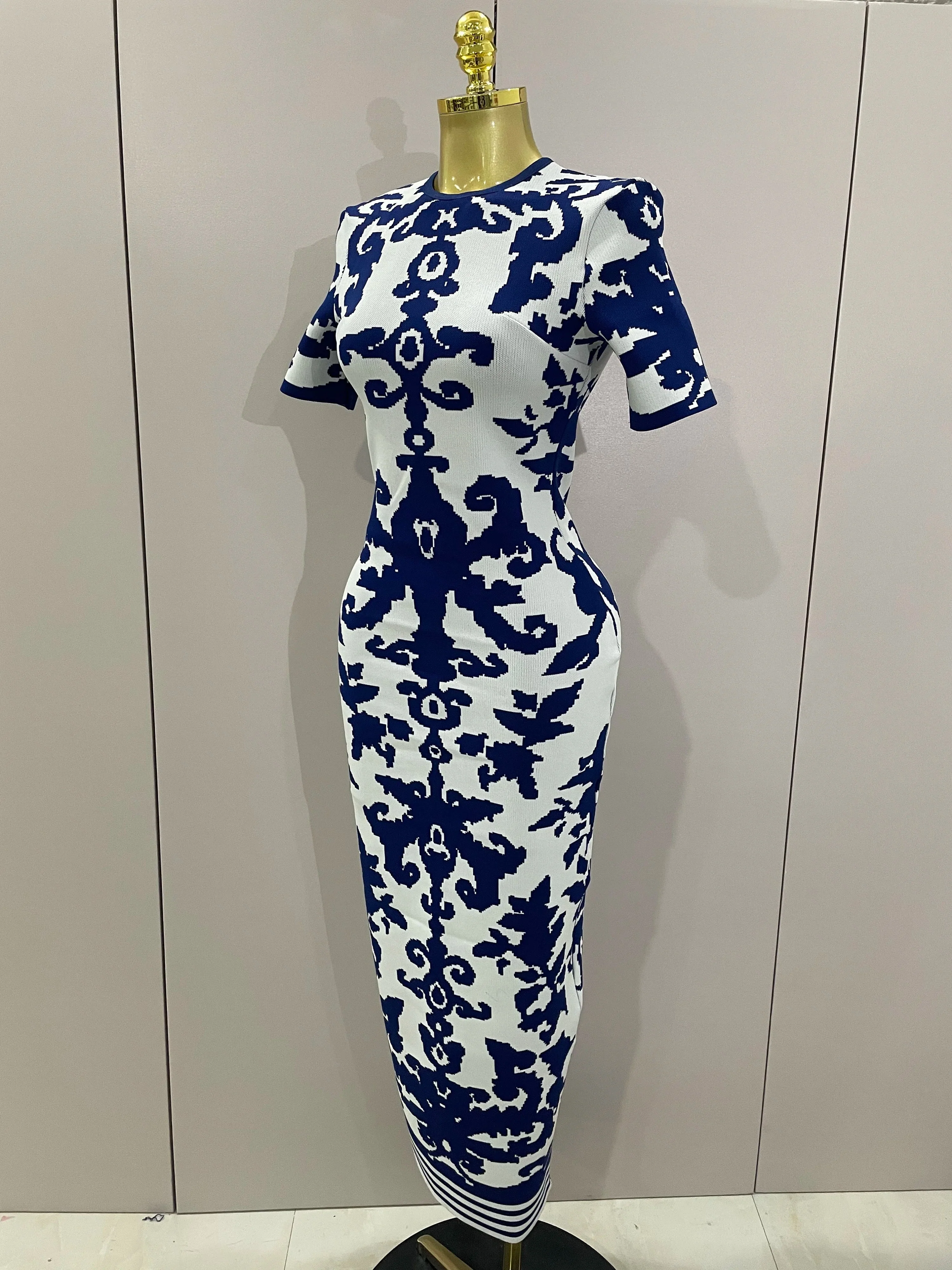 Sexy Short Sleeve Jacquard Blue Bandage Bodycon Long Dress Women Celebrity Elegant Evening Club Party Luxury Dresses - Image 2