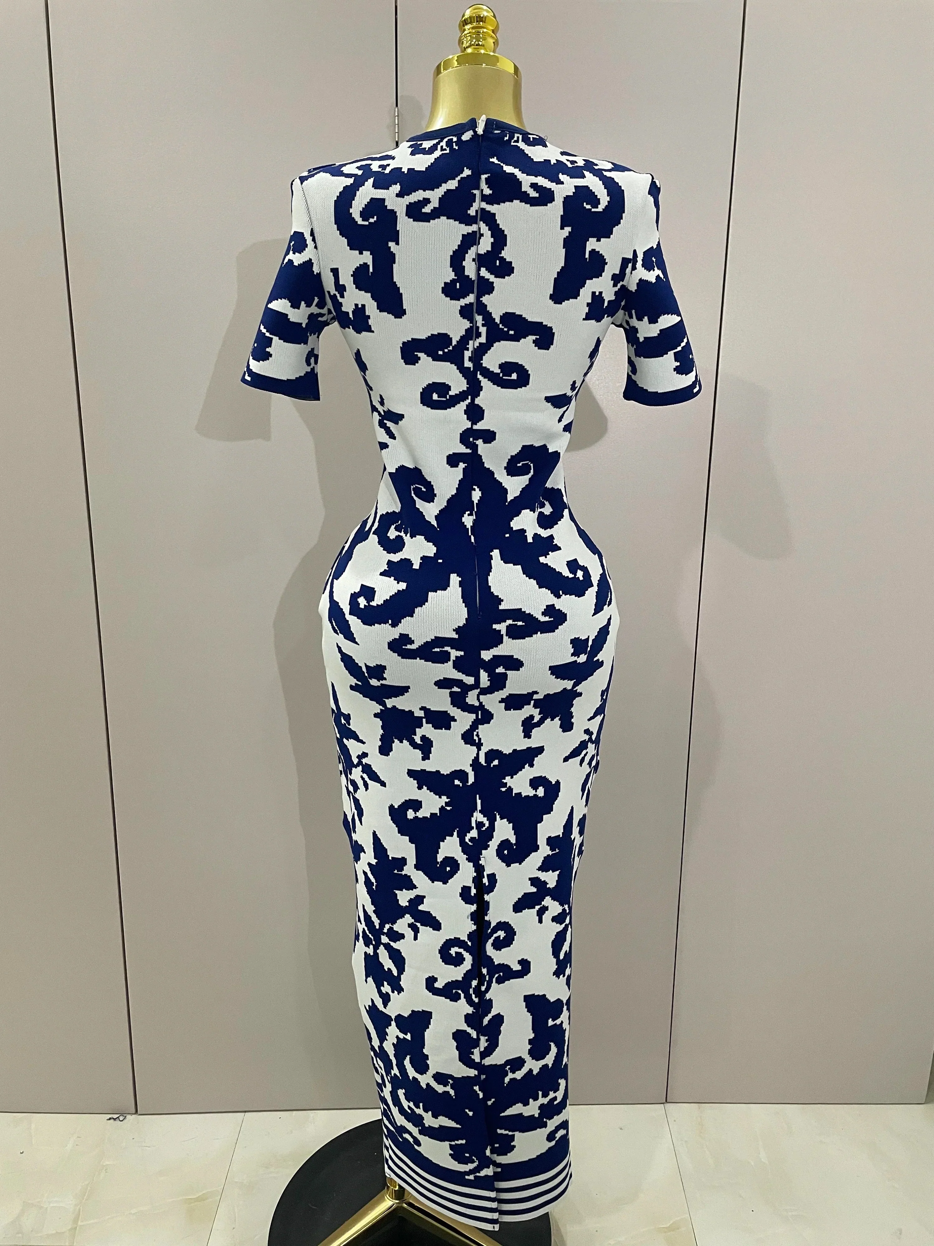 Sexy Short Sleeve Jacquard Blue Bandage Bodycon Long Dress Women Celebrity Elegant Evening Club Party Luxury Dresses - Image 3