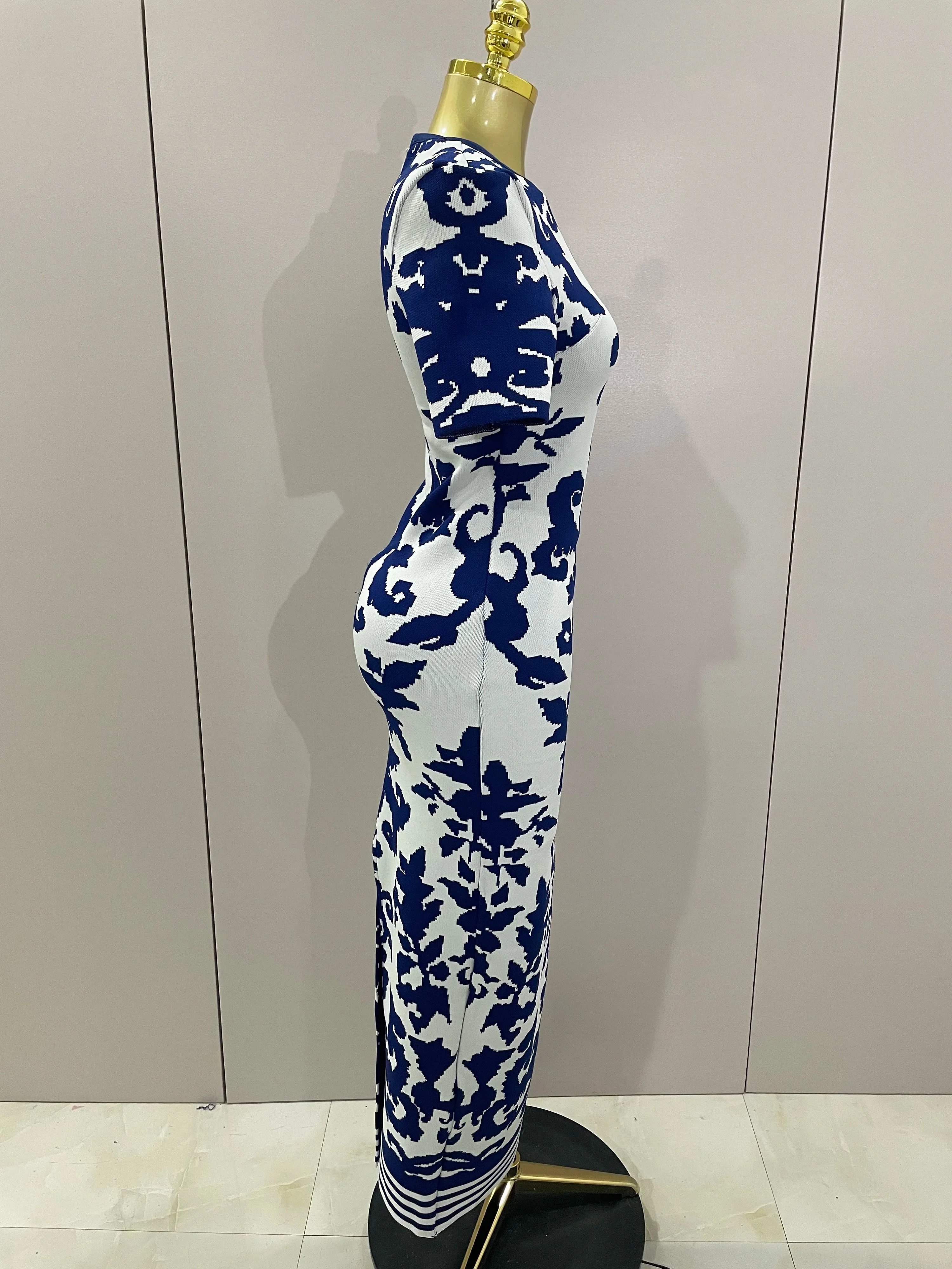 Sexy Short Sleeve Jacquard Blue Bandage Bodycon Long Dress Women Celebrity Elegant Evening Club Party Luxury Dresses - Image 4
