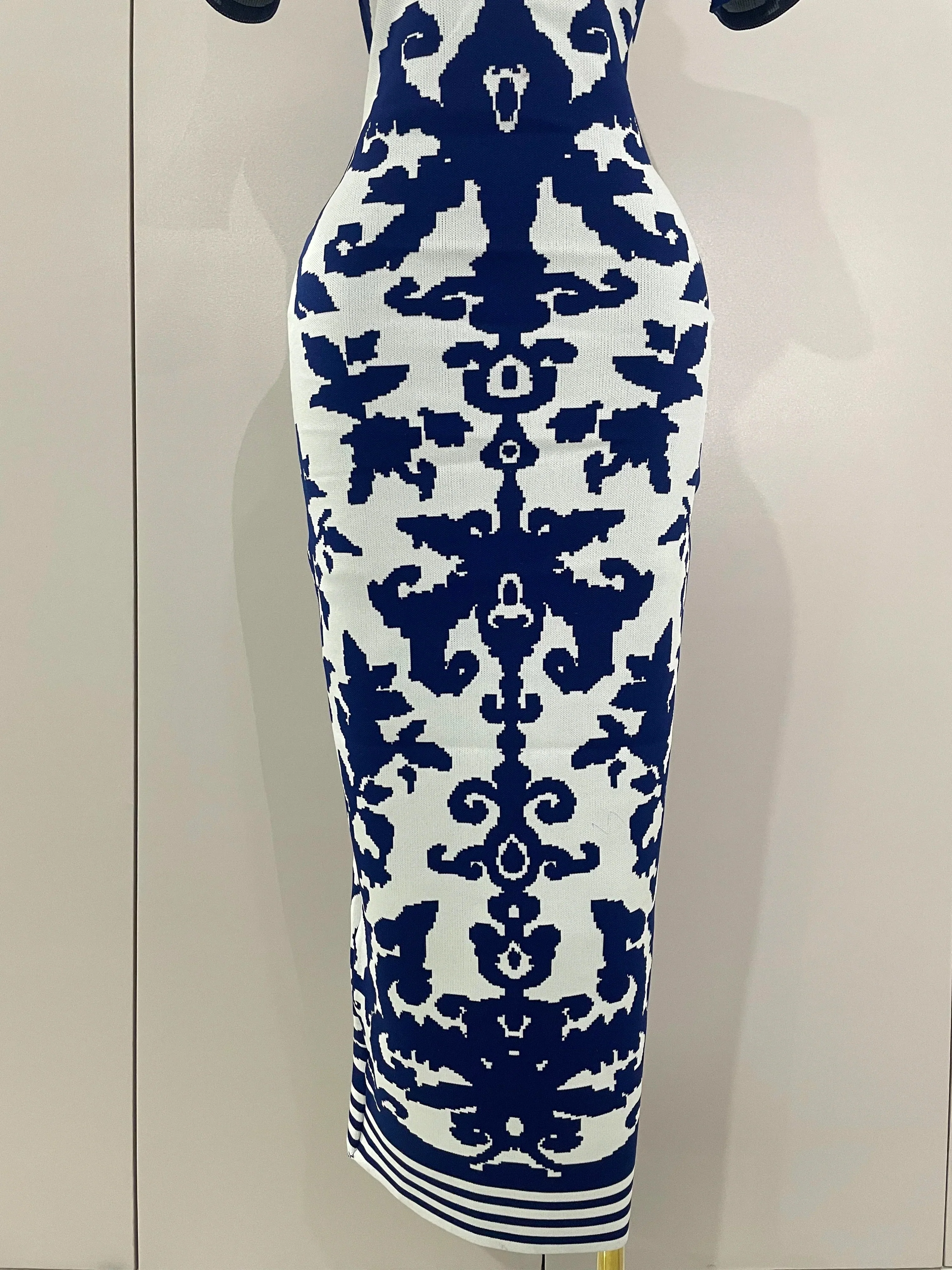 Sexy Short Sleeve Jacquard Blue Bandage Bodycon Long Dress Women Celebrity Elegant Evening Club Party Luxury Dresses - Image 6