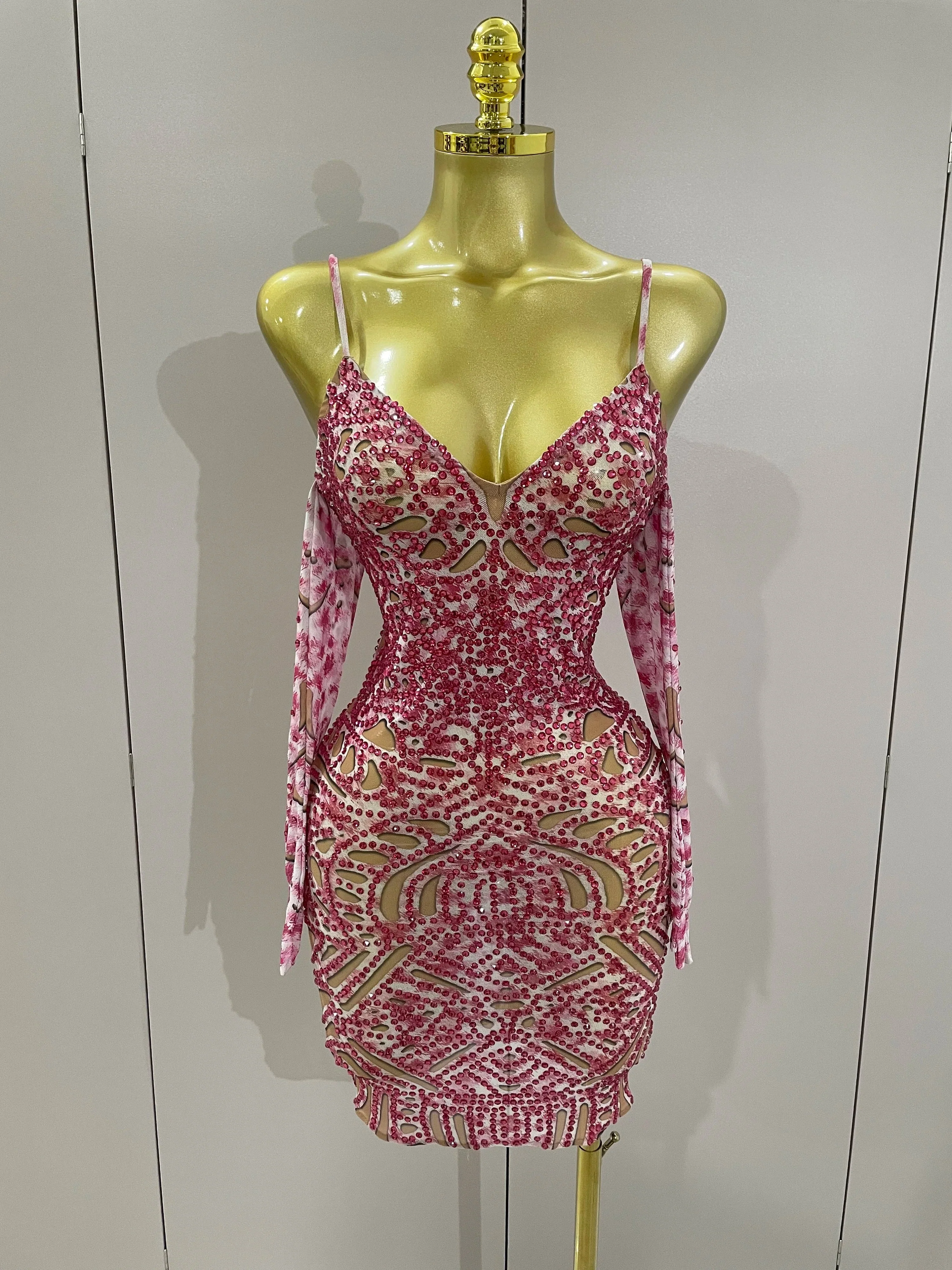 Sexy Sparkly Rhinestones Mesh Mini Dress With GlovesWomen Evening Birthday Party Celebrate Costume Dancer Stage Wear
