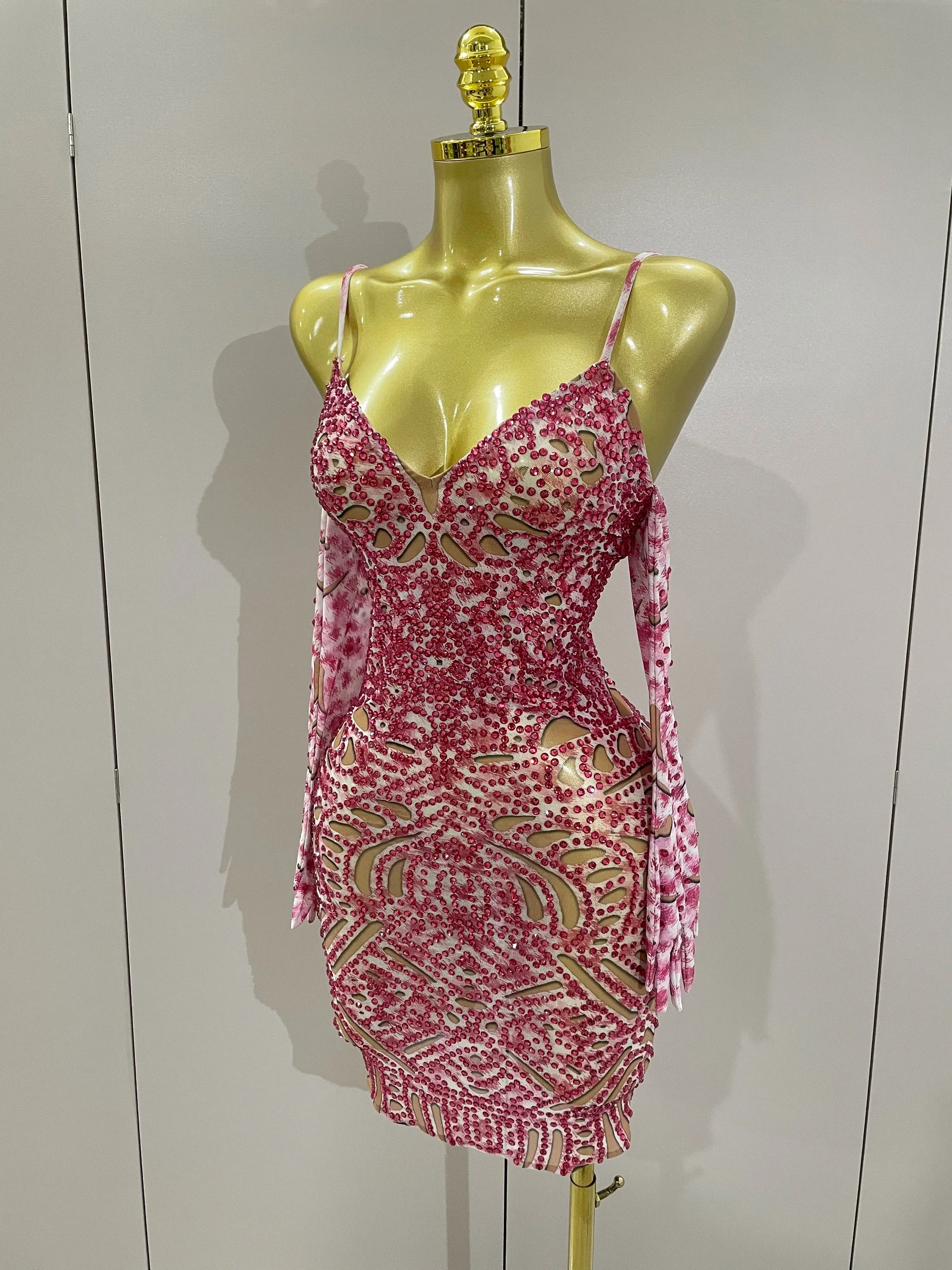 Sexy Sparkly Rhinestones Mesh Mini Dress With GlovesWomen Evening Birthday Party Celebrate Costume Dancer Stage Wear - Image 2