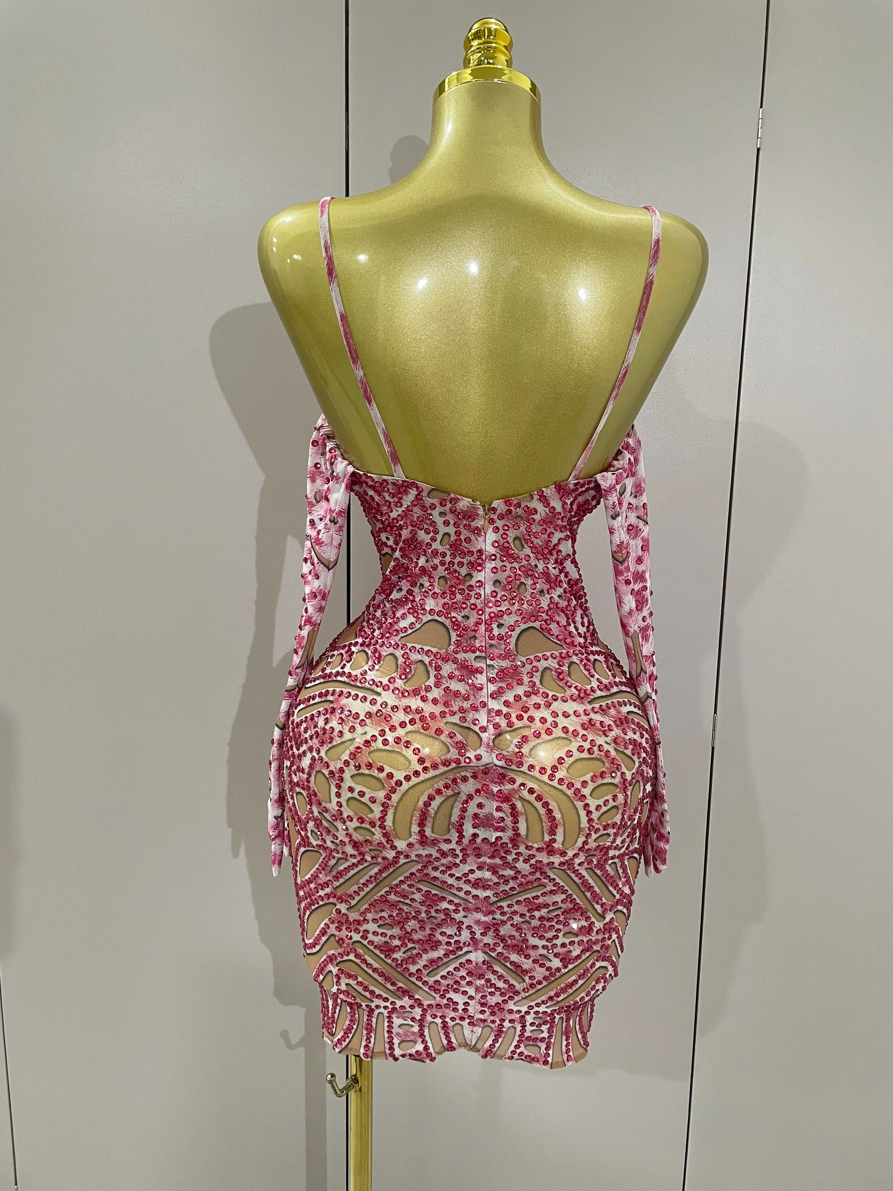 Sexy Sparkly Rhinestones Mesh Mini Dress With GlovesWomen Evening Birthday Party Celebrate Costume Dancer Stage Wear - Image 3