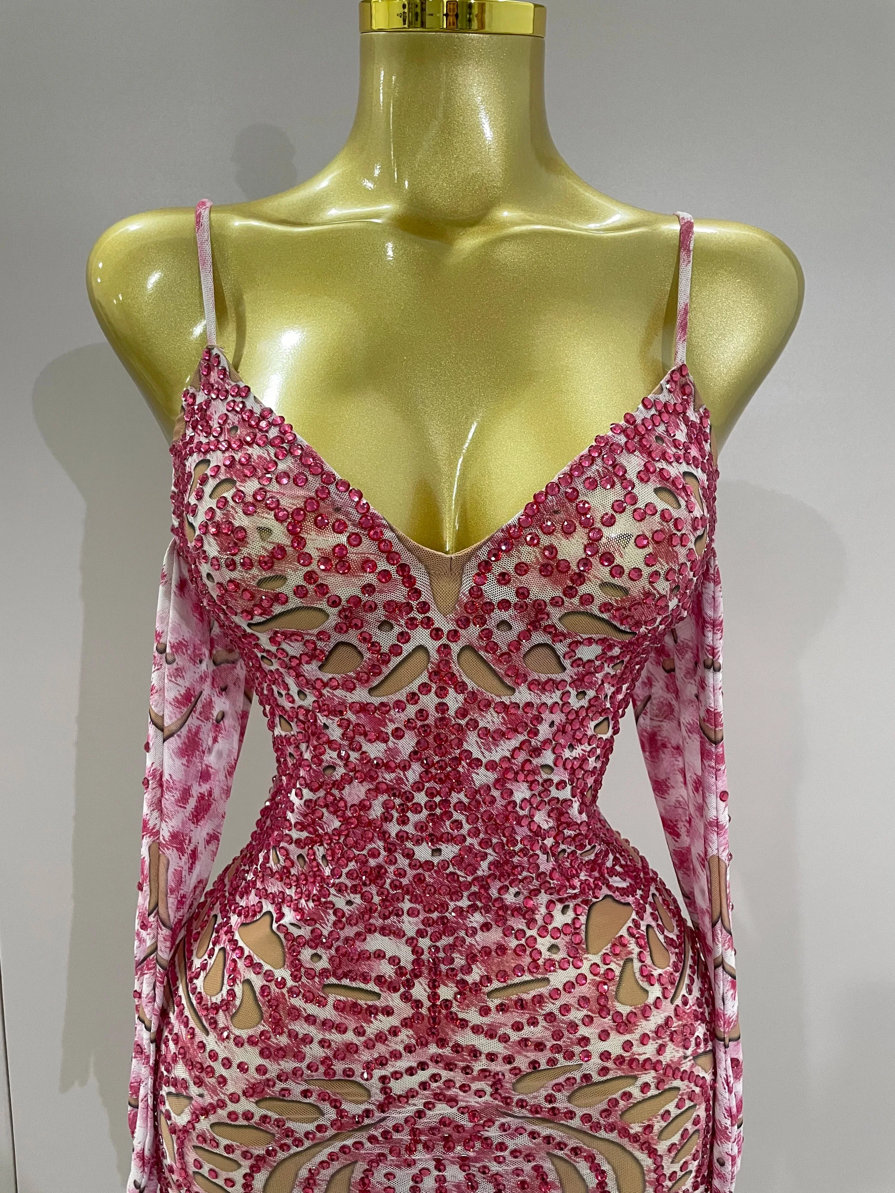 Sexy Sparkly Rhinestones Mesh Mini Dress With GlovesWomen Evening Birthday Party Celebrate Costume Dancer Stage Wear - Image 5