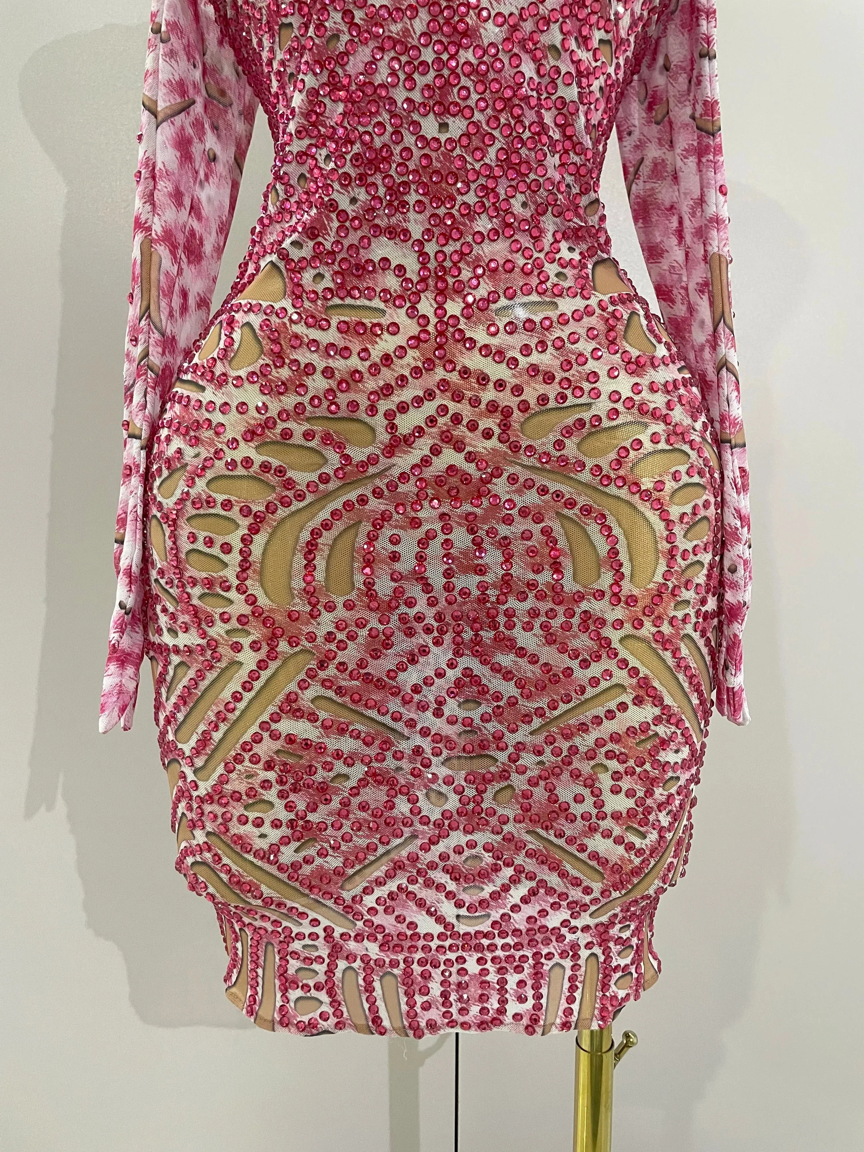 Sexy Sparkly Rhinestones Mesh Mini Dress With GlovesWomen Evening Birthday Party Celebrate Costume Dancer Stage Wear - Image 6