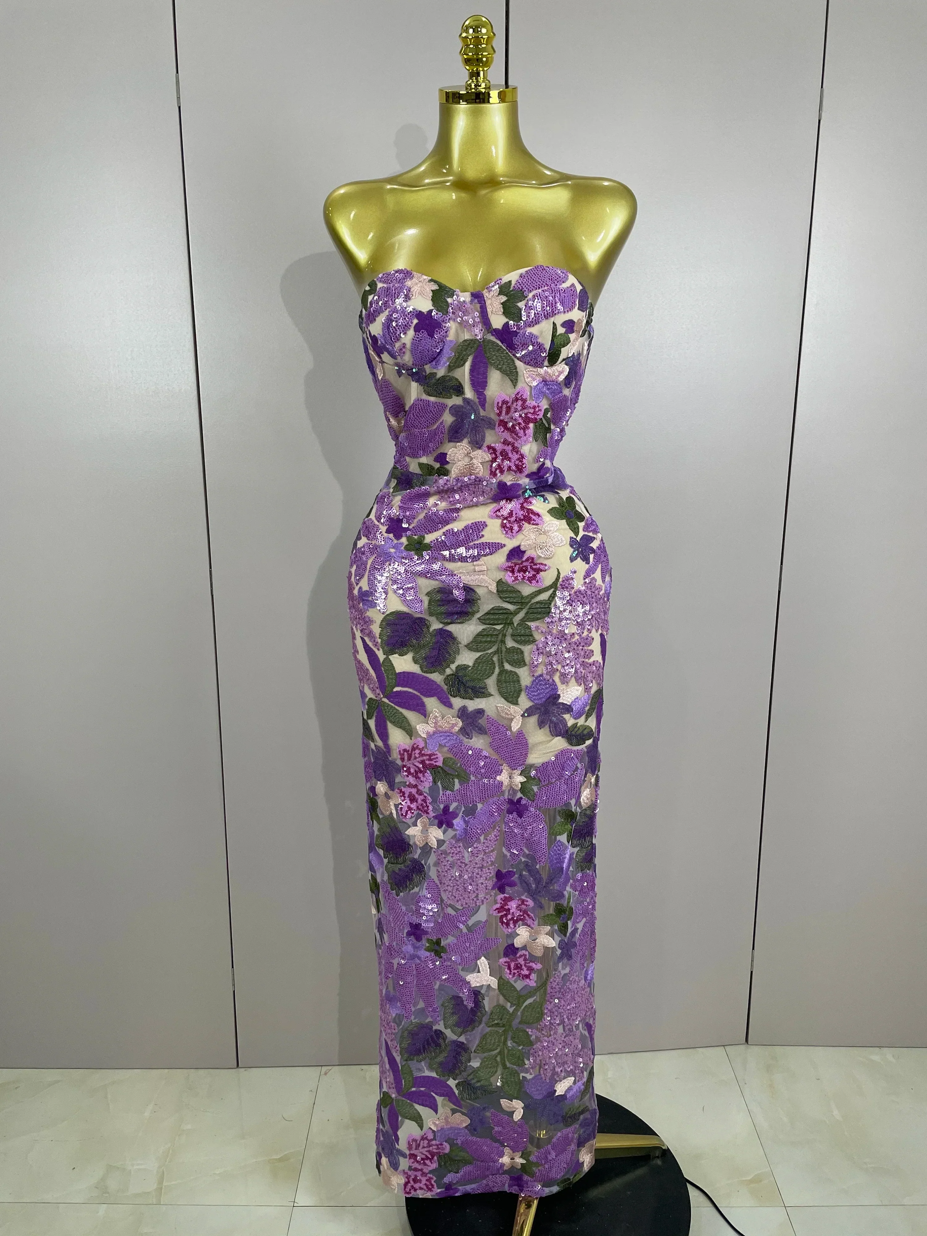 Sexy Strapless Floral Sequin Long Dress Women Sequins Flower Backless Long Slim Dress Evening Party Runway Gown Dress