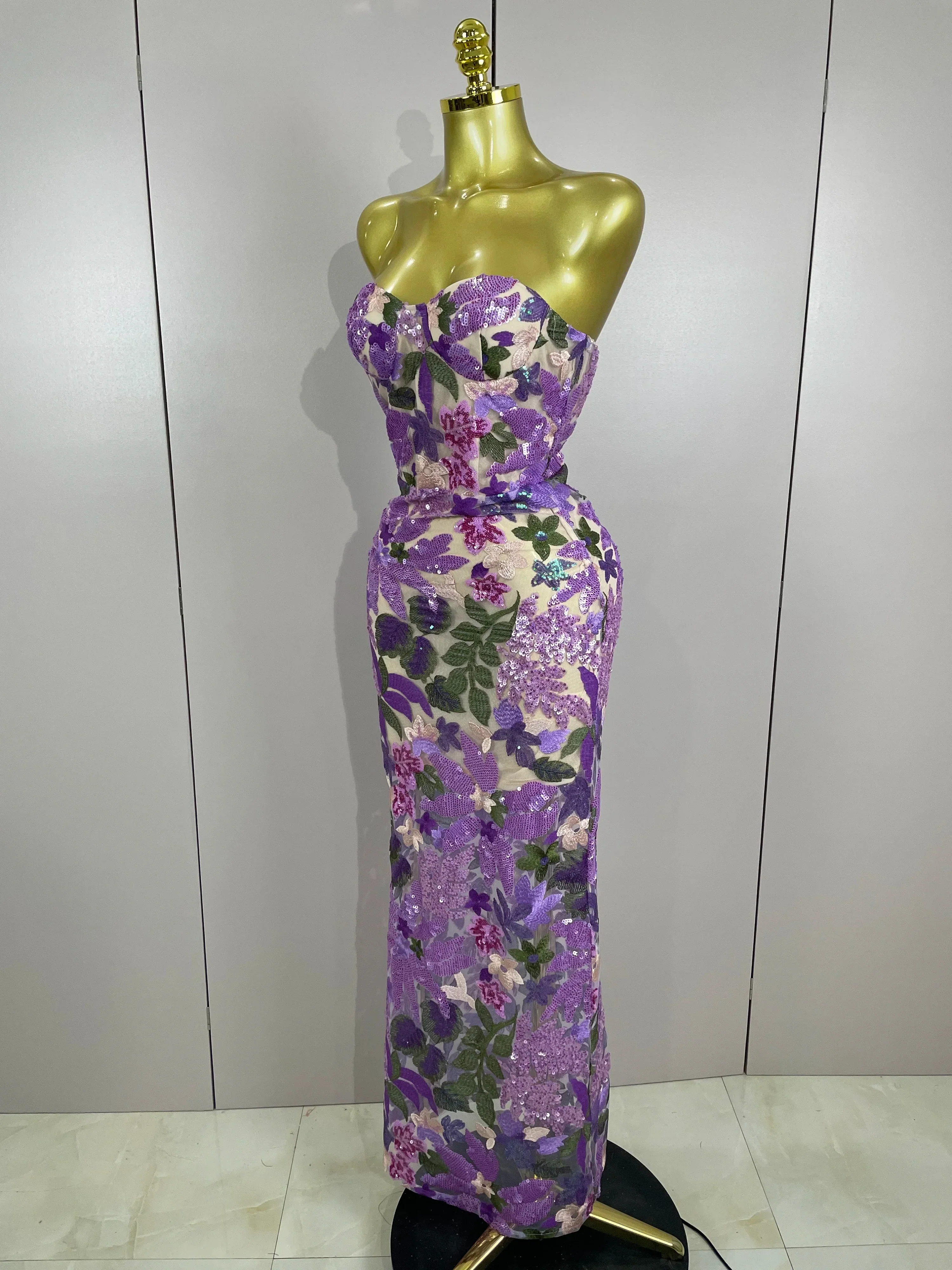 Sexy Strapless Floral Sequin Long Dress Women Sequins Flower Backless Long Slim Dress Evening Party Runway Gown Dress - Image 2