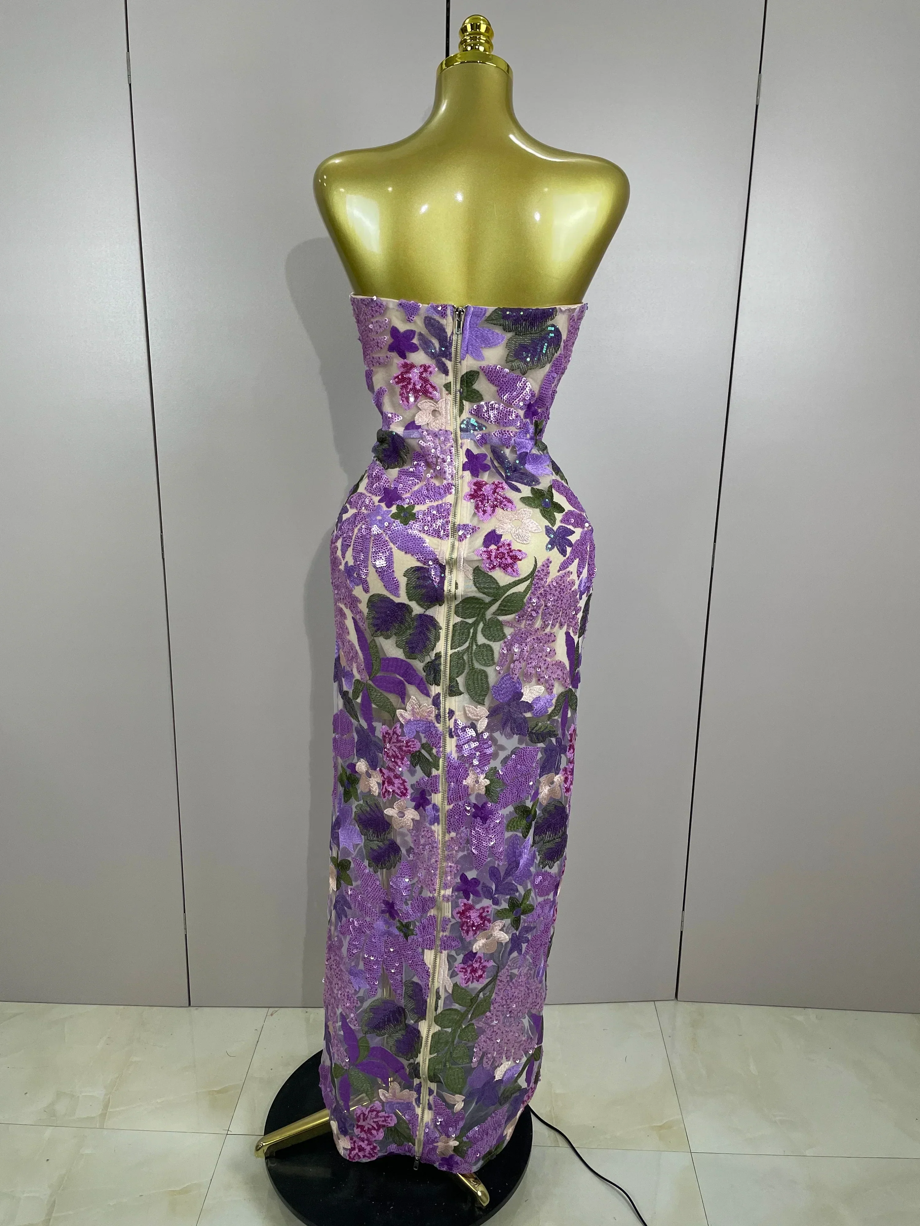Sexy Strapless Floral Sequin Long Dress Women Sequins Flower Backless Long Slim Dress Evening Party Runway Gown Dress - Image 3