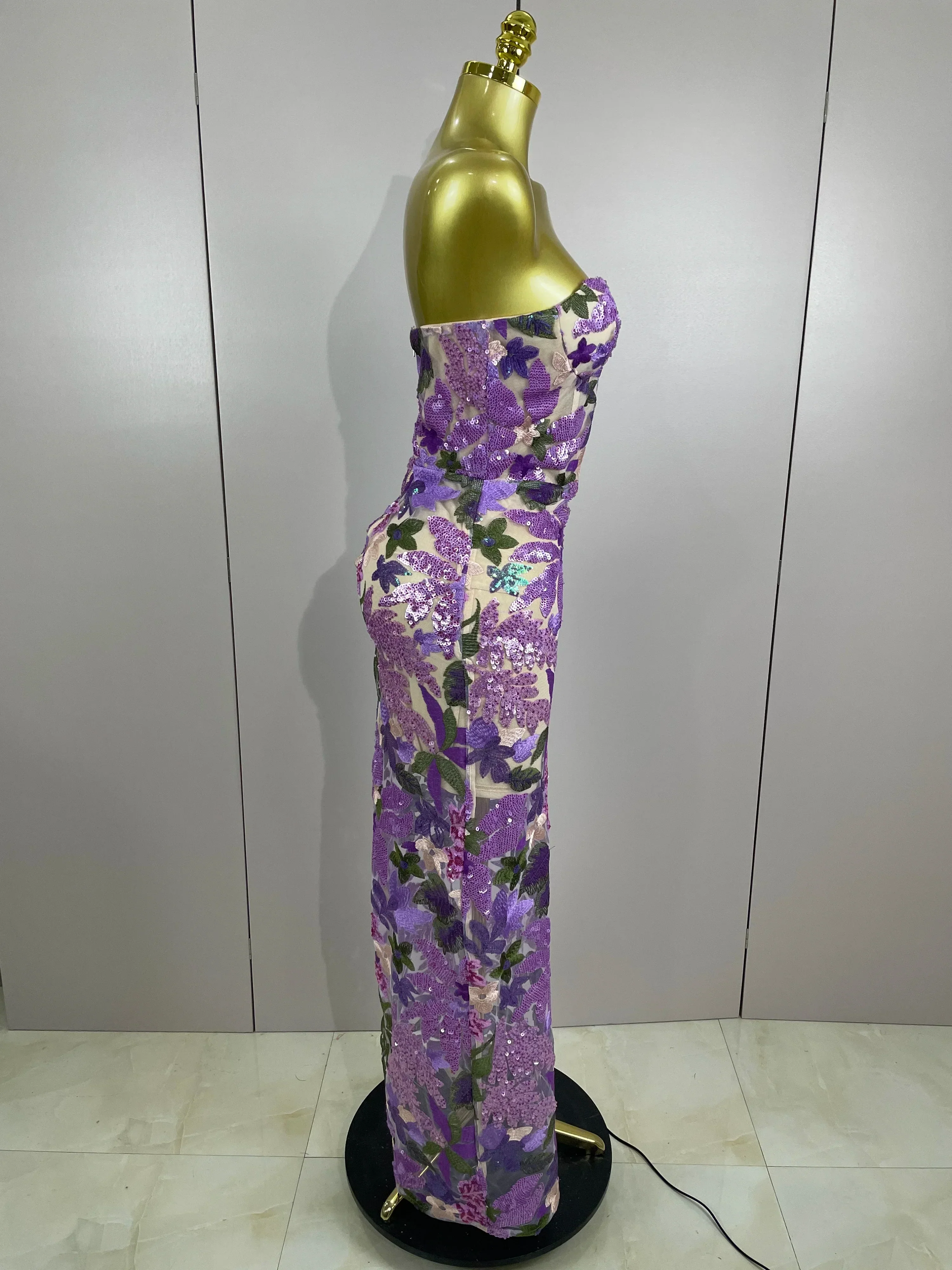 Sexy Strapless Floral Sequin Long Dress Women Sequins Flower Backless Long Slim Dress Evening Party Runway Gown Dress - Image 4