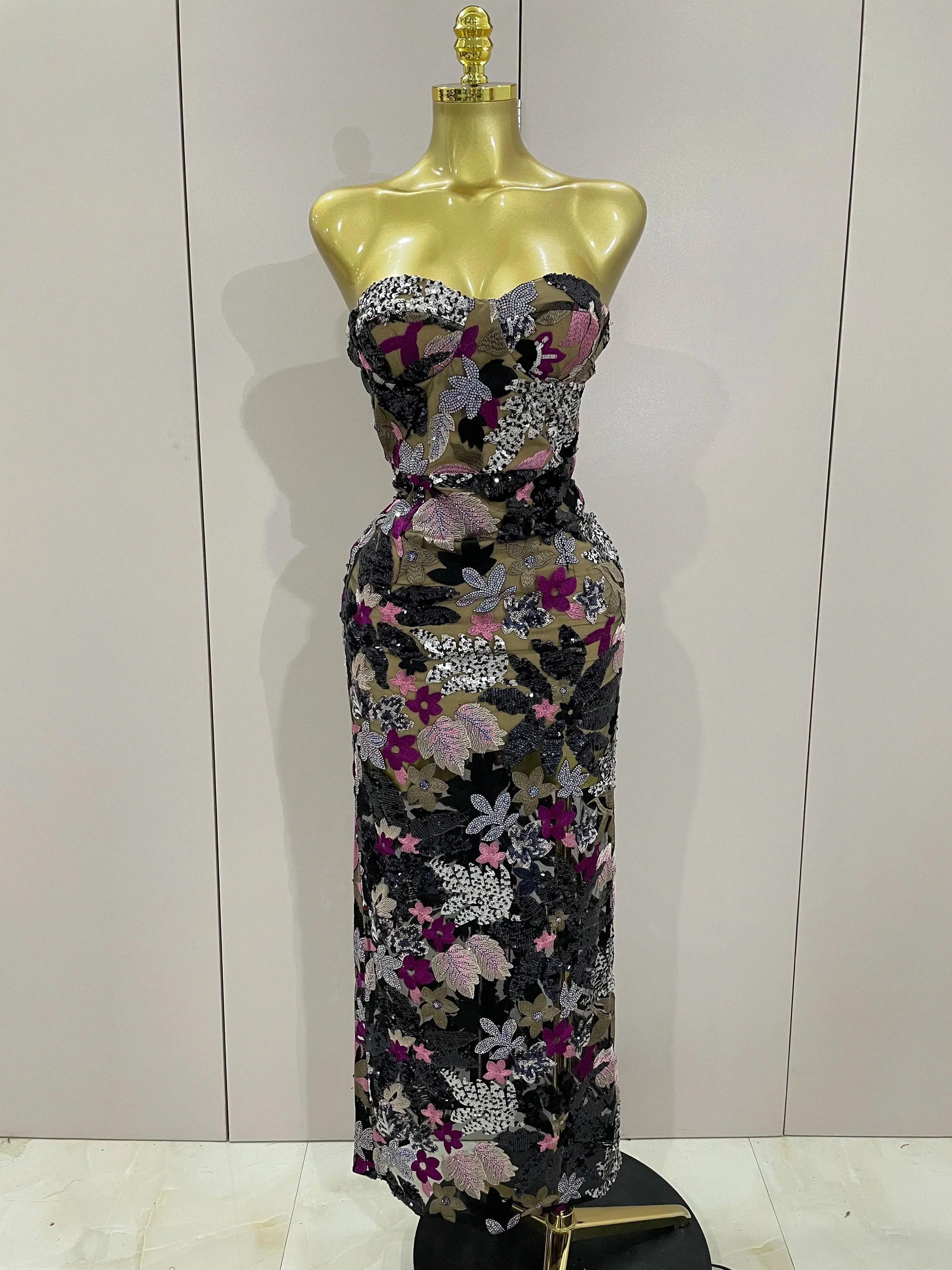 Sexy Strapless Floral Sequin Long Dress Women Sequins Flower Backless Long Slim Dress Evening Party Runway Gown Dress - Image 7