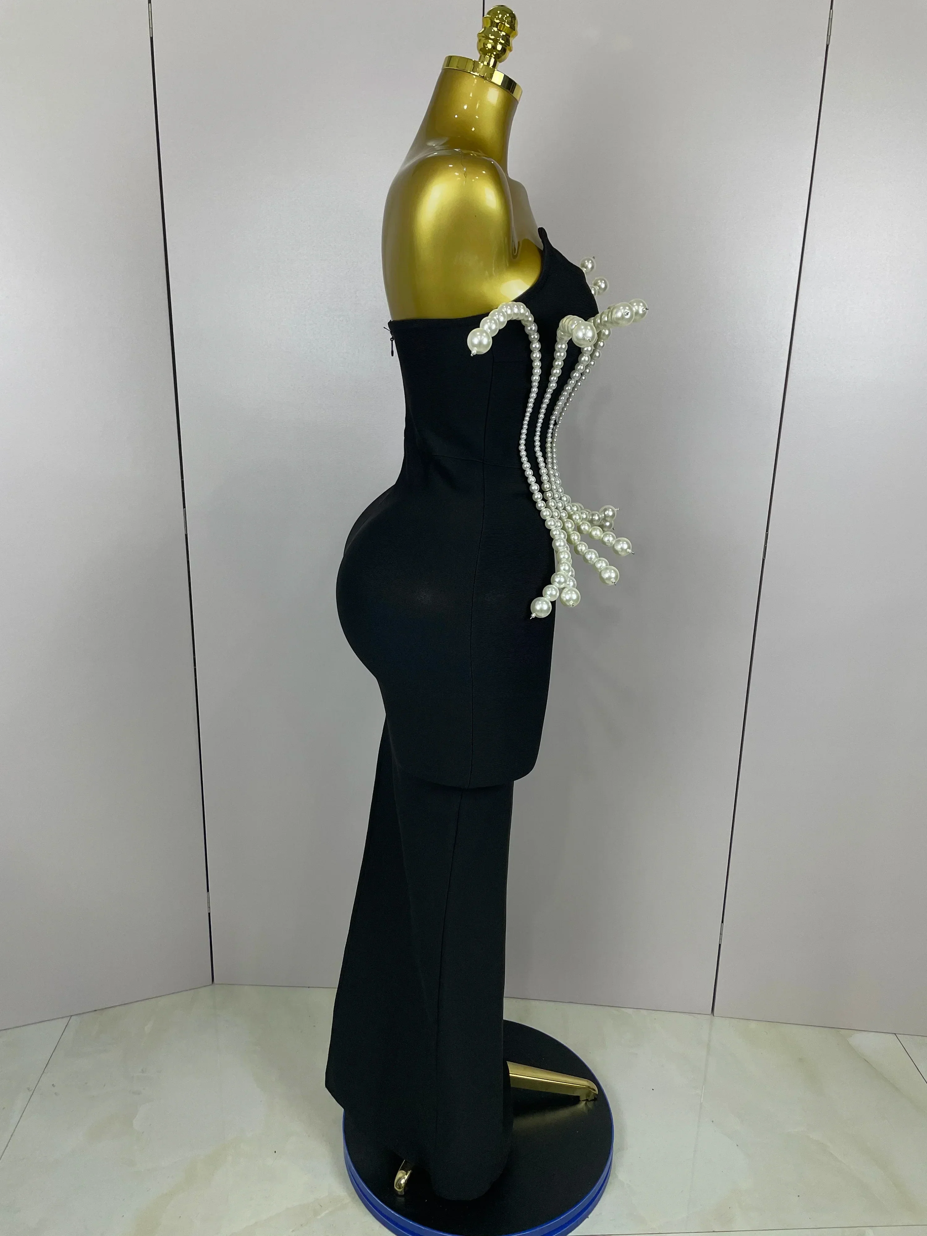 Sexy Strapless Pearl Beading Bodycon Long Bandage Dress  Women Fashion Elegant Evening Party Luxury Birthday Dresses - Image 4