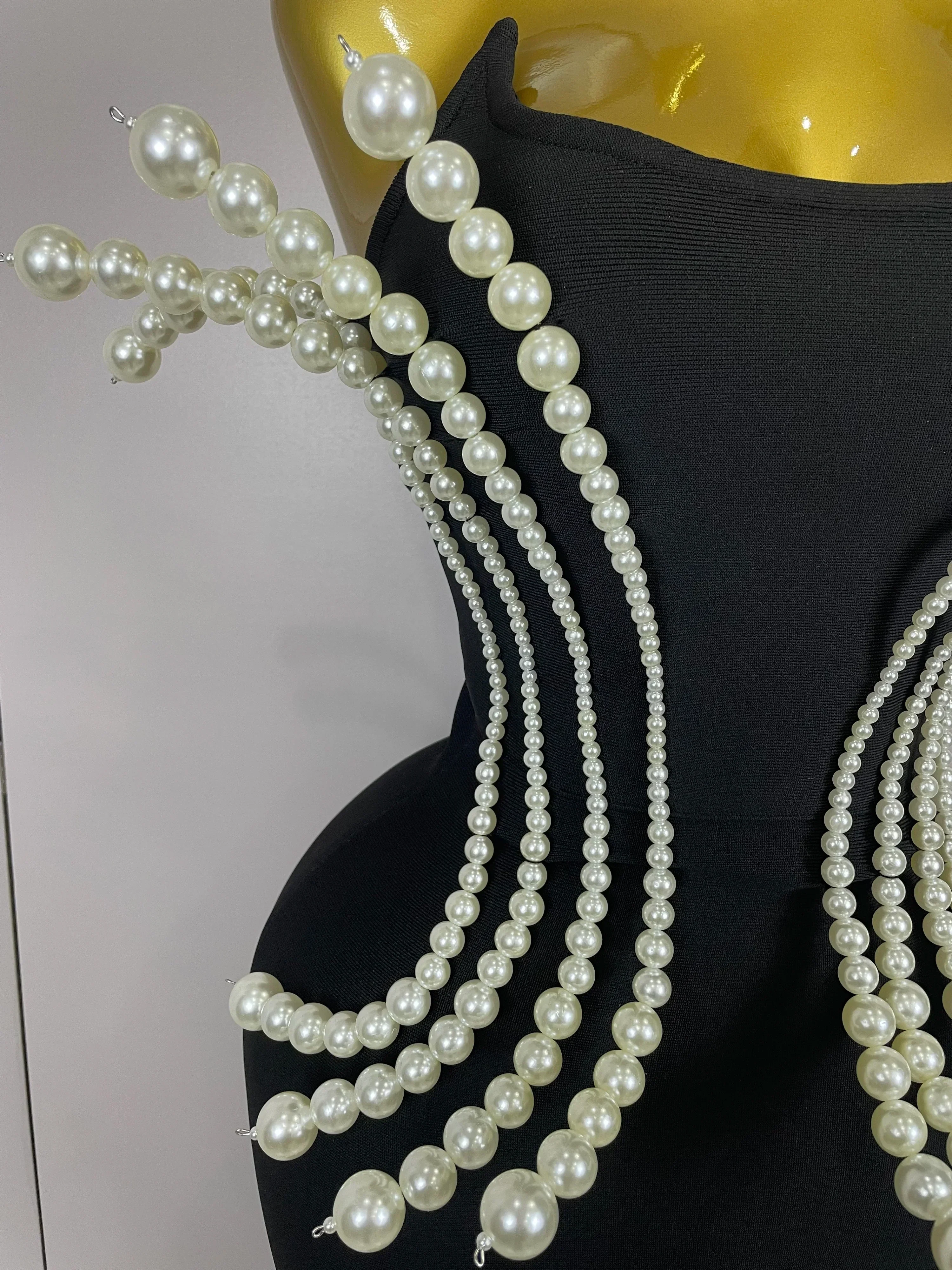 Sexy Strapless Pearl Beading Bodycon Long Bandage Dress  Women Fashion Elegant Evening Party Luxury Birthday Dresses - Image 6