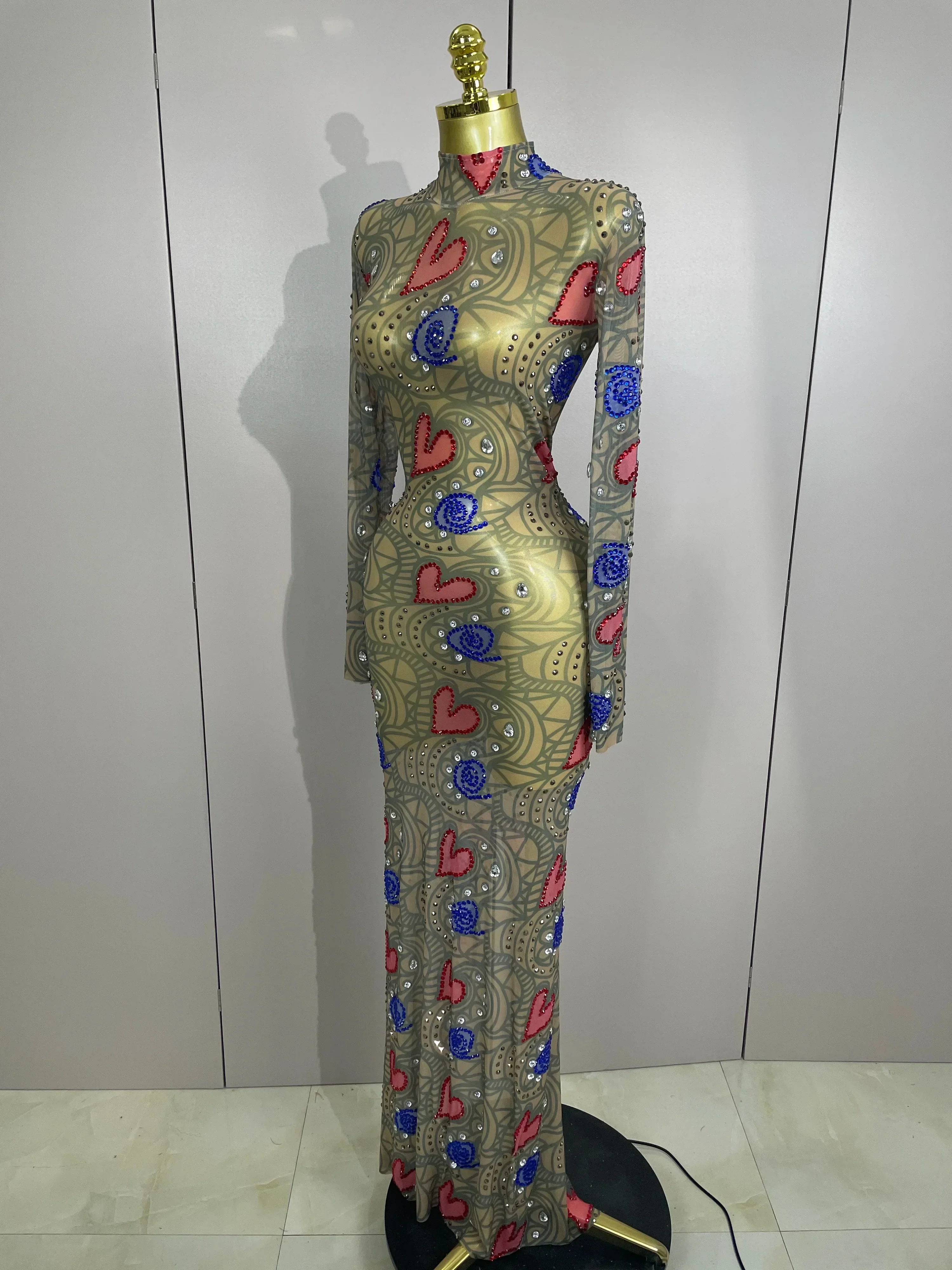 Sparkly Diamond High Neck Sexy Mesh Wrap Hip Long Dress Host Annual Meeting Party Nightclub Bar Performance Costume - Image 2