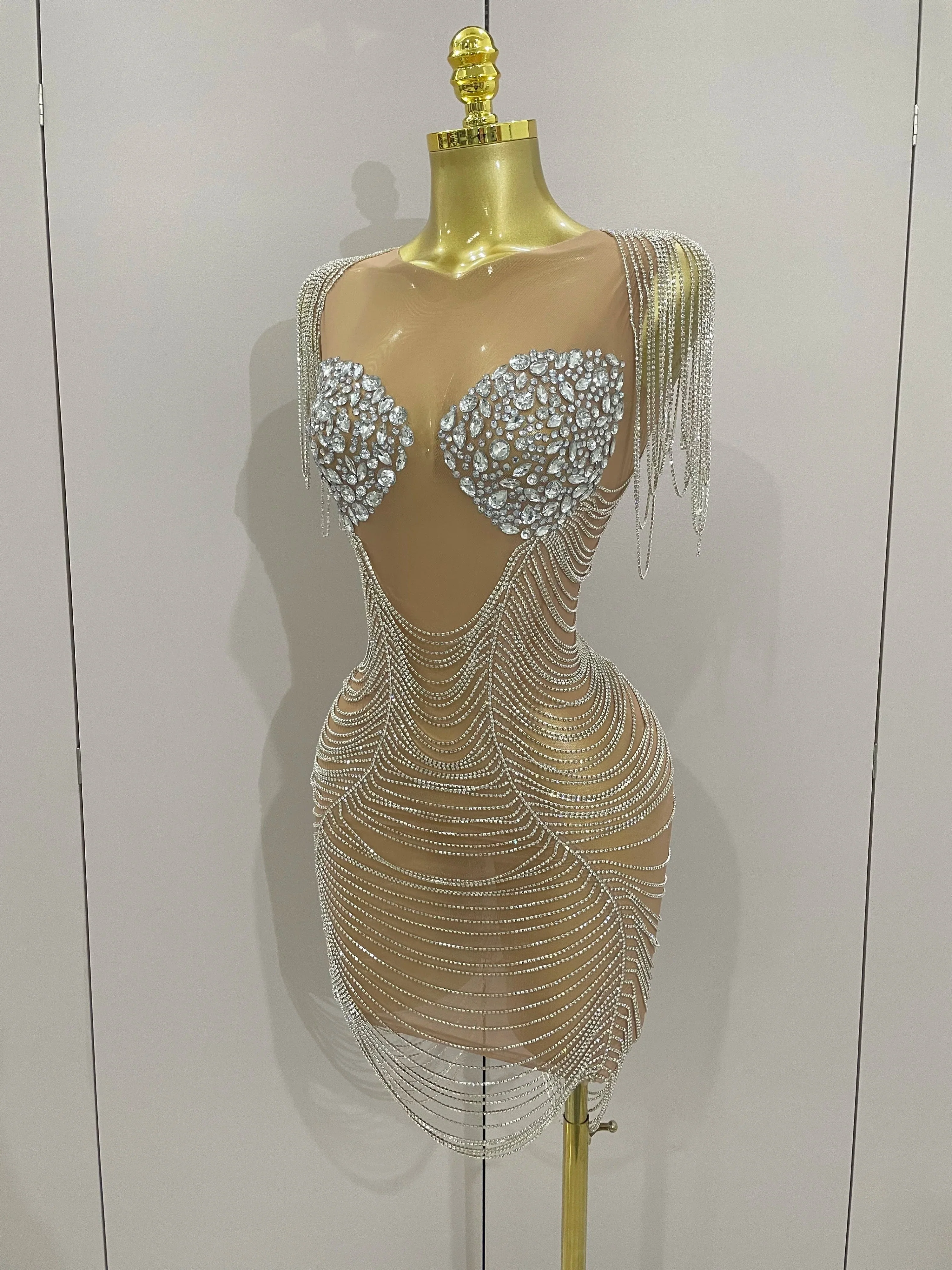 Sparkly Diamonds Crystal Sexy Mesh See Through Mini Dress Women Birthday Party Club Celebrate Stage Performance Costume - Image 2