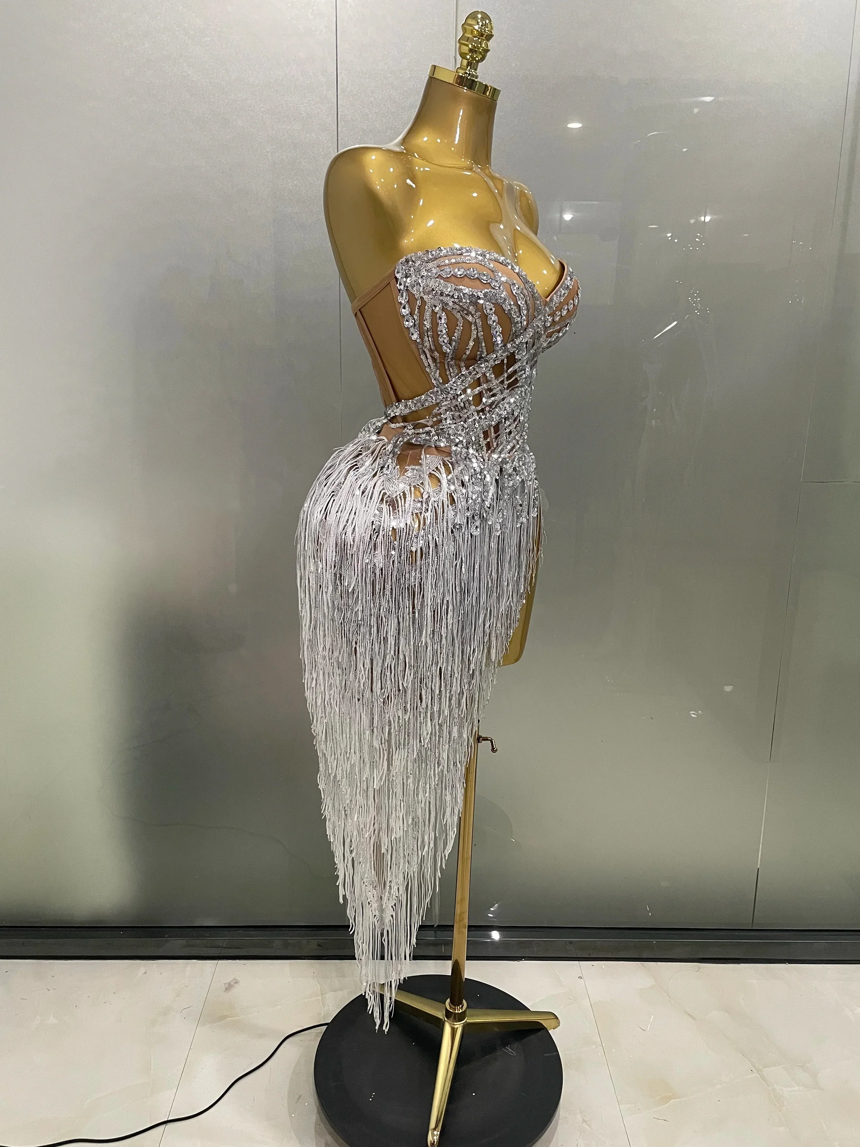 Sparkly Rhinestone Sequin Tassel Sexy Mini Skirt Two Pieces Set Women Birthday Celebrate Party Nightclub Stage Costume - Image 4