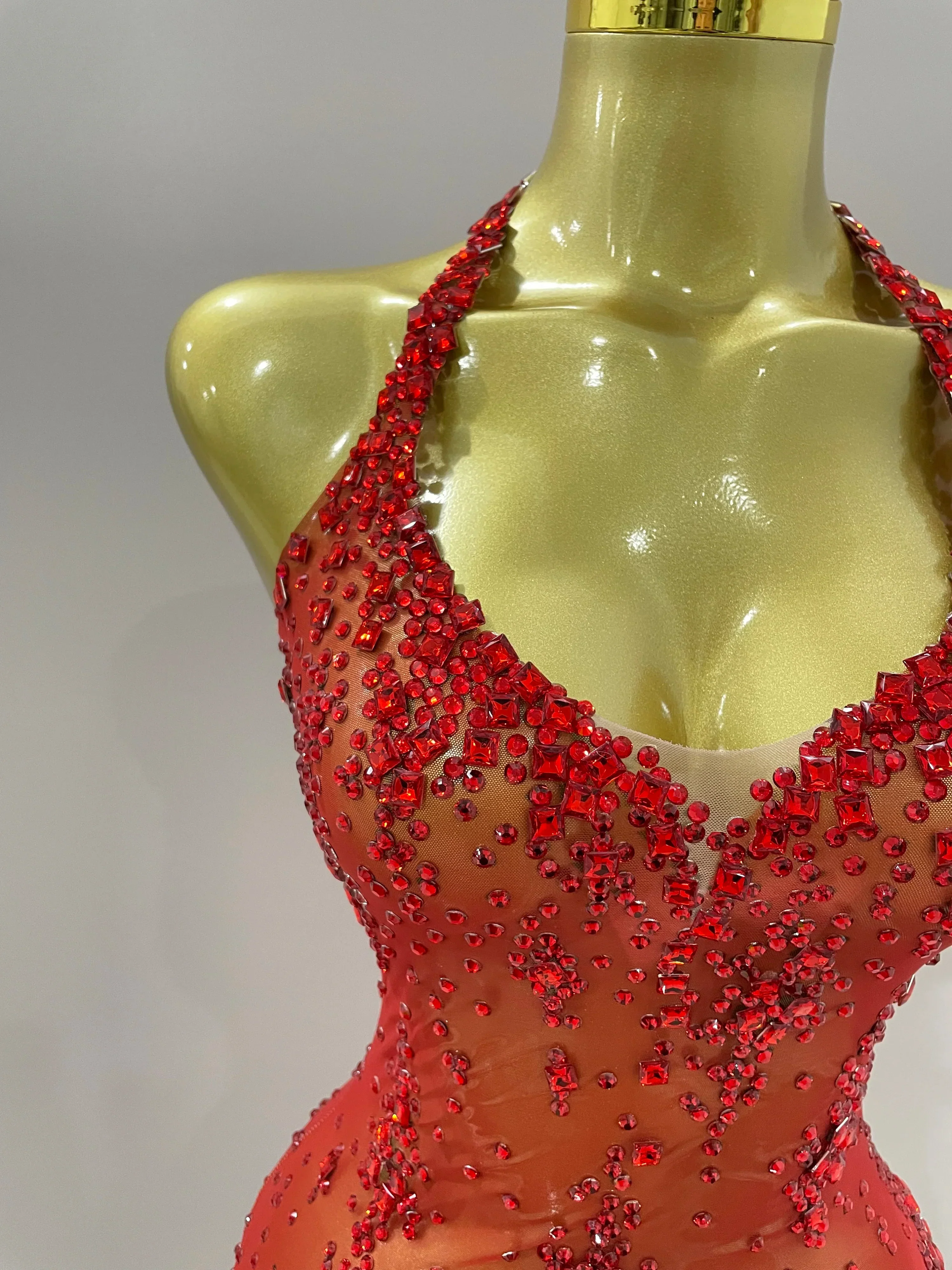 Sparkly Rhinestone V Neck Stretch Mesh Sexy See Through Dress Women Elegant Party Celebrate Perform Costume Stage Outfi - Image 3