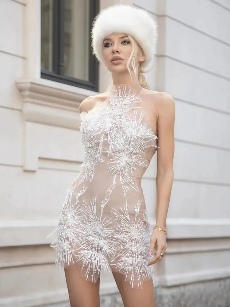 Spring Women Sleeveless Sexy Off the Shoulder Beading Sequins Bodycon Mini Dress Celebrate Fashion Nightclub Party Dress - Image 6