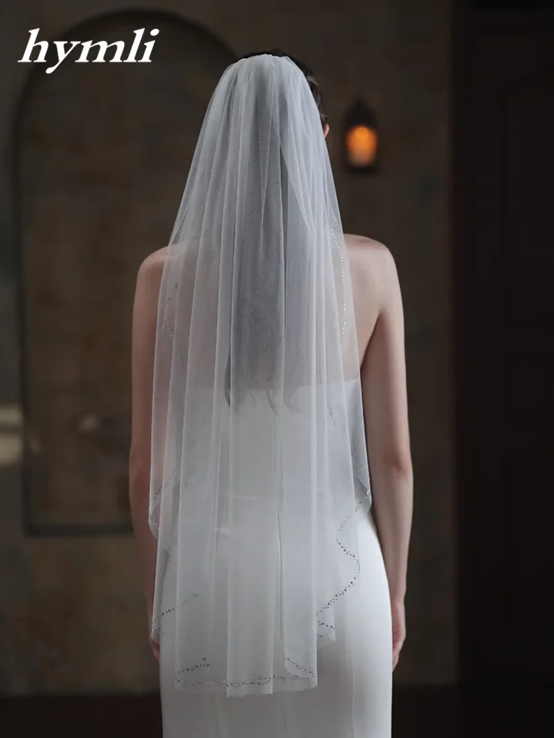 New Style 1 Tier Fingertip length Wedding Veil Tulle Crystal Bridal Veil Cut Edge - Image 2