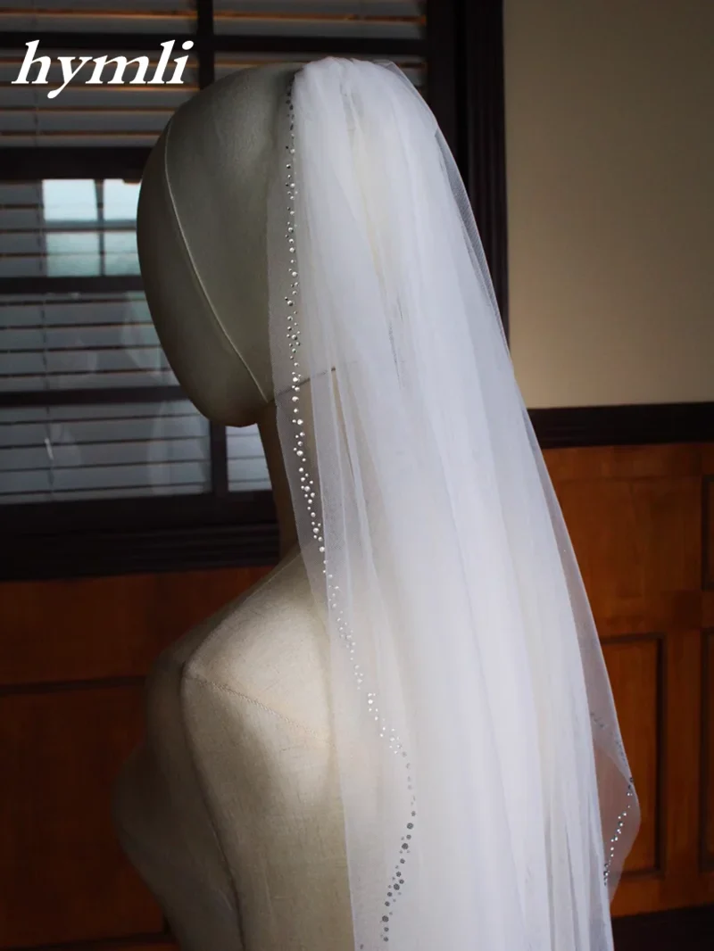 New Style 1 Tier Fingertip length Wedding Veil Tulle Crystal Bridal Veil Cut Edge - Image 3