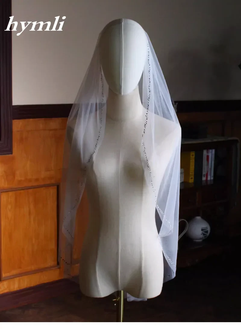New Style 1 Tier Fingertip length Wedding Veil Tulle Crystal Bridal Veil Cut Edge - Image 4