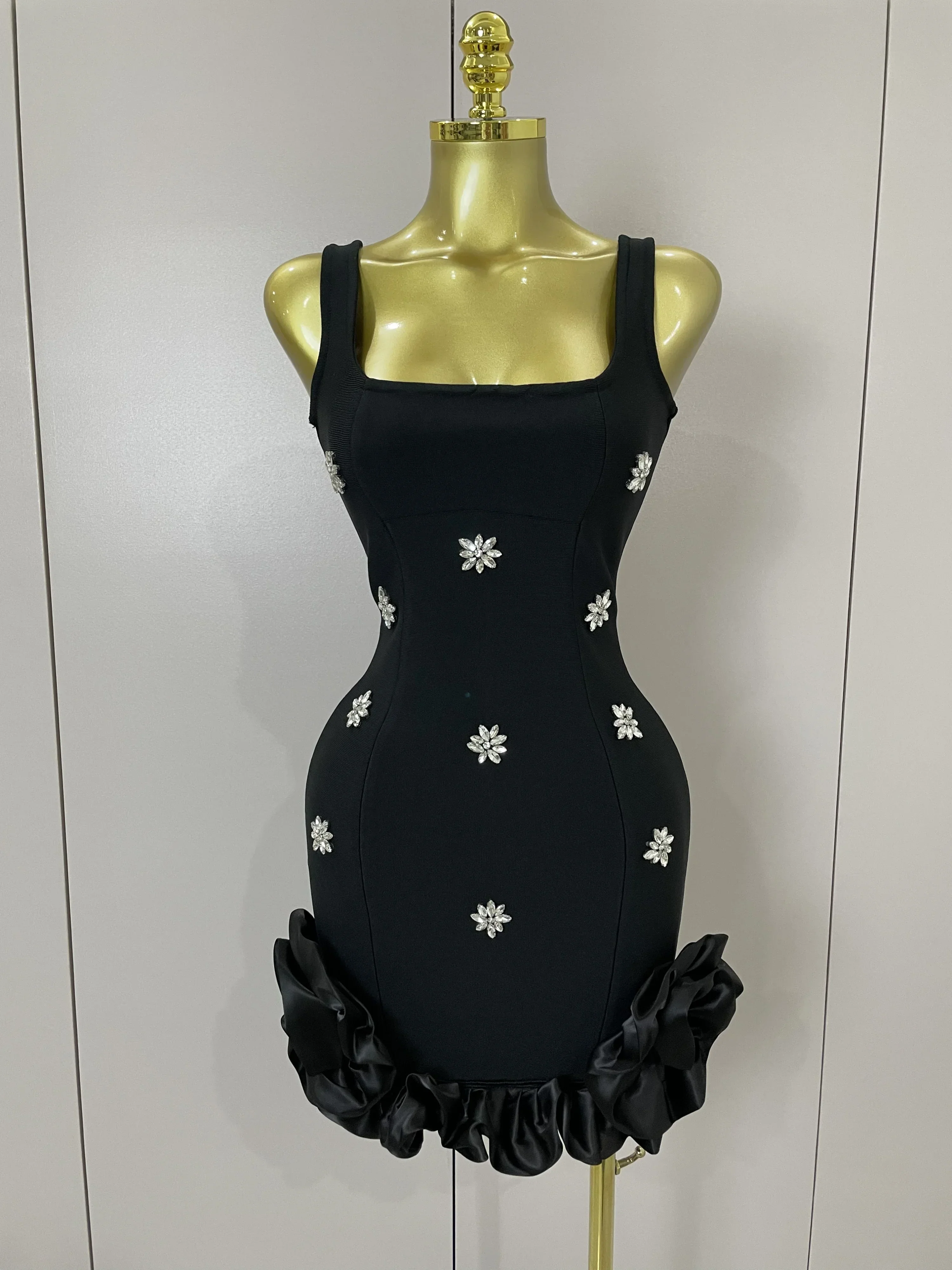 STyle Shining Crystal Women Sleeveless Bodycon Mini Bandage Dress Elegant Ruffles Cute Birthday Party Celebrate Dress