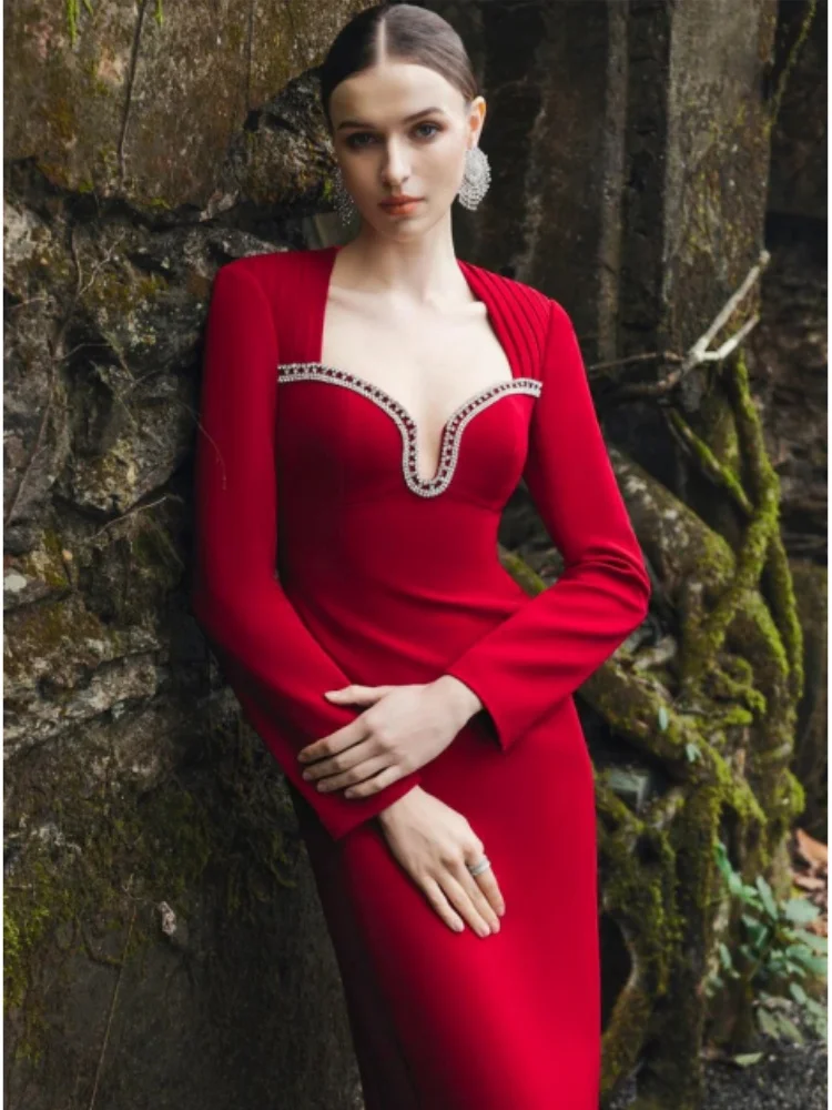 New Style Women Long Sleeve Sexy Square Collar Shinning Diamond Bodycon Long Bandage Dress Elegant Evening Mermaid Outfit - Image 2