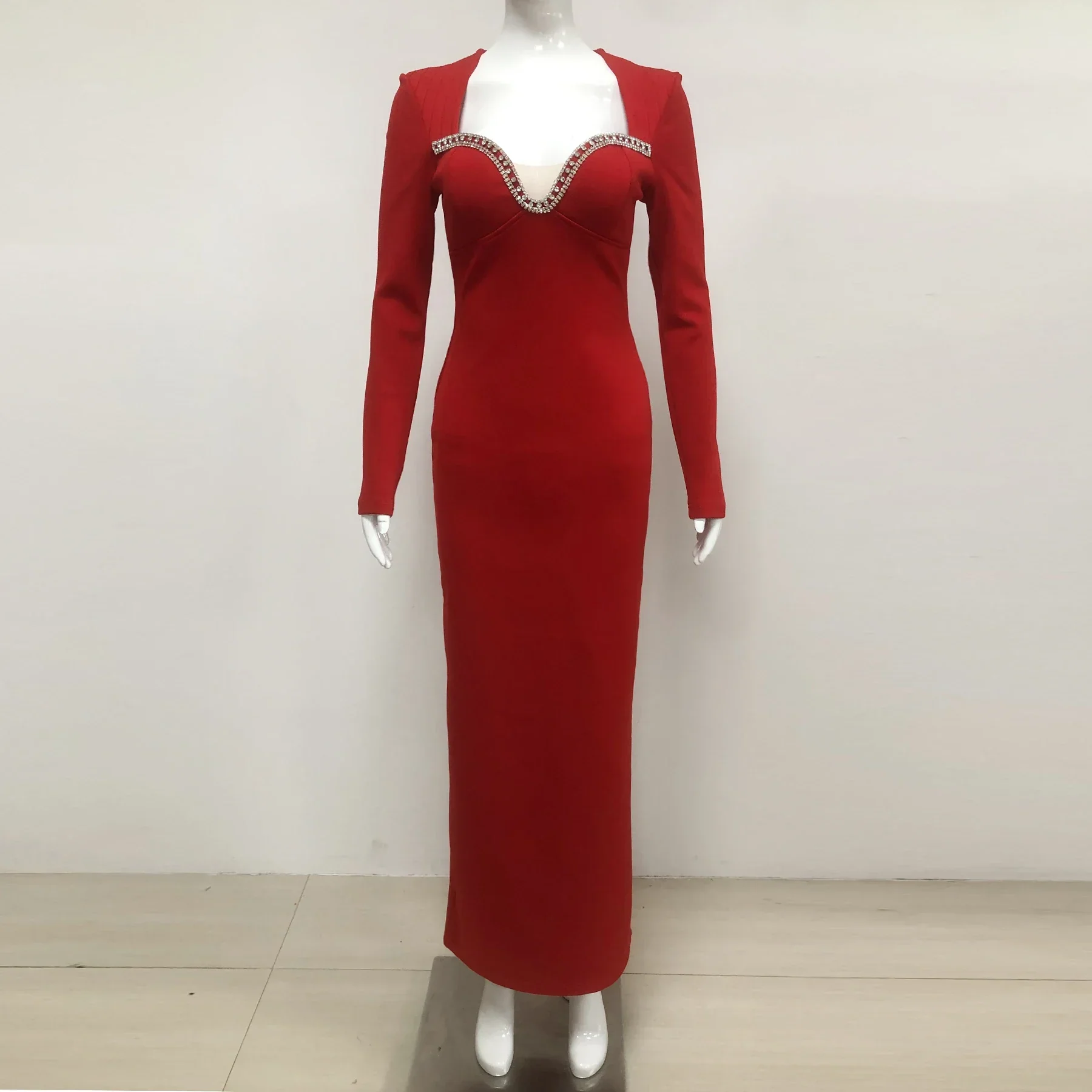 New Style Women Long Sleeve Sexy Square Collar Shinning Diamond Bodycon Long Bandage Dress Elegant Evening Mermaid Outfit - Image 5