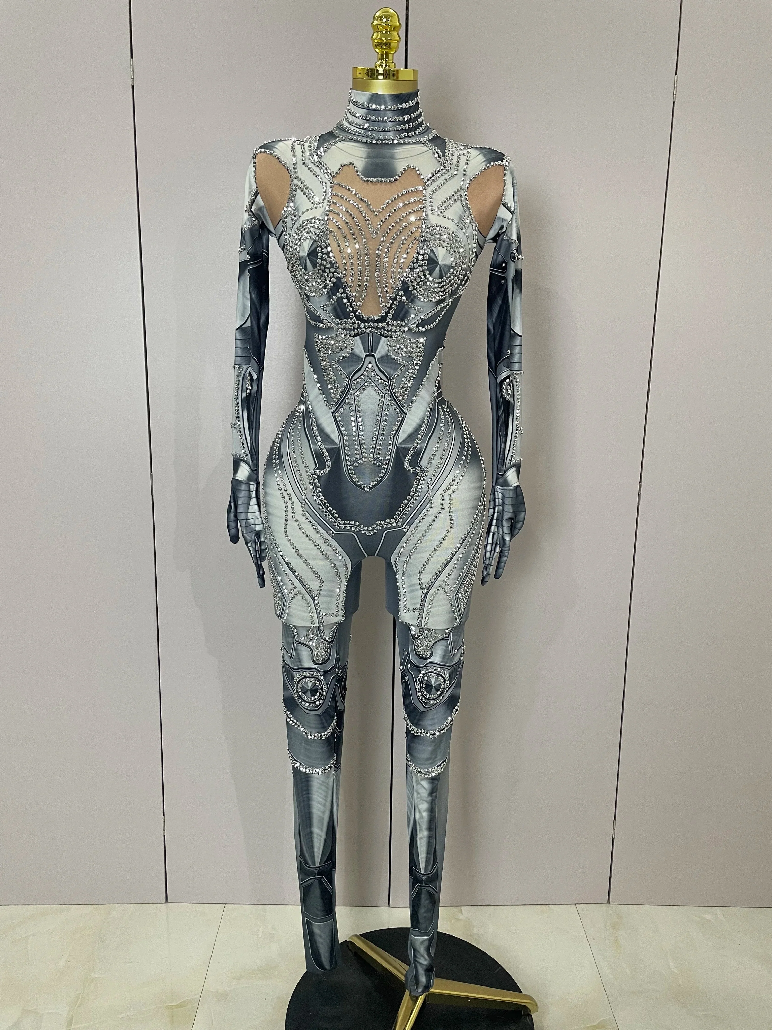 Trendy Women Sexy Rhinestones Printed Skinny Jumpsuit High Street Performance Dance Costume Bar Club Show Stage Wear