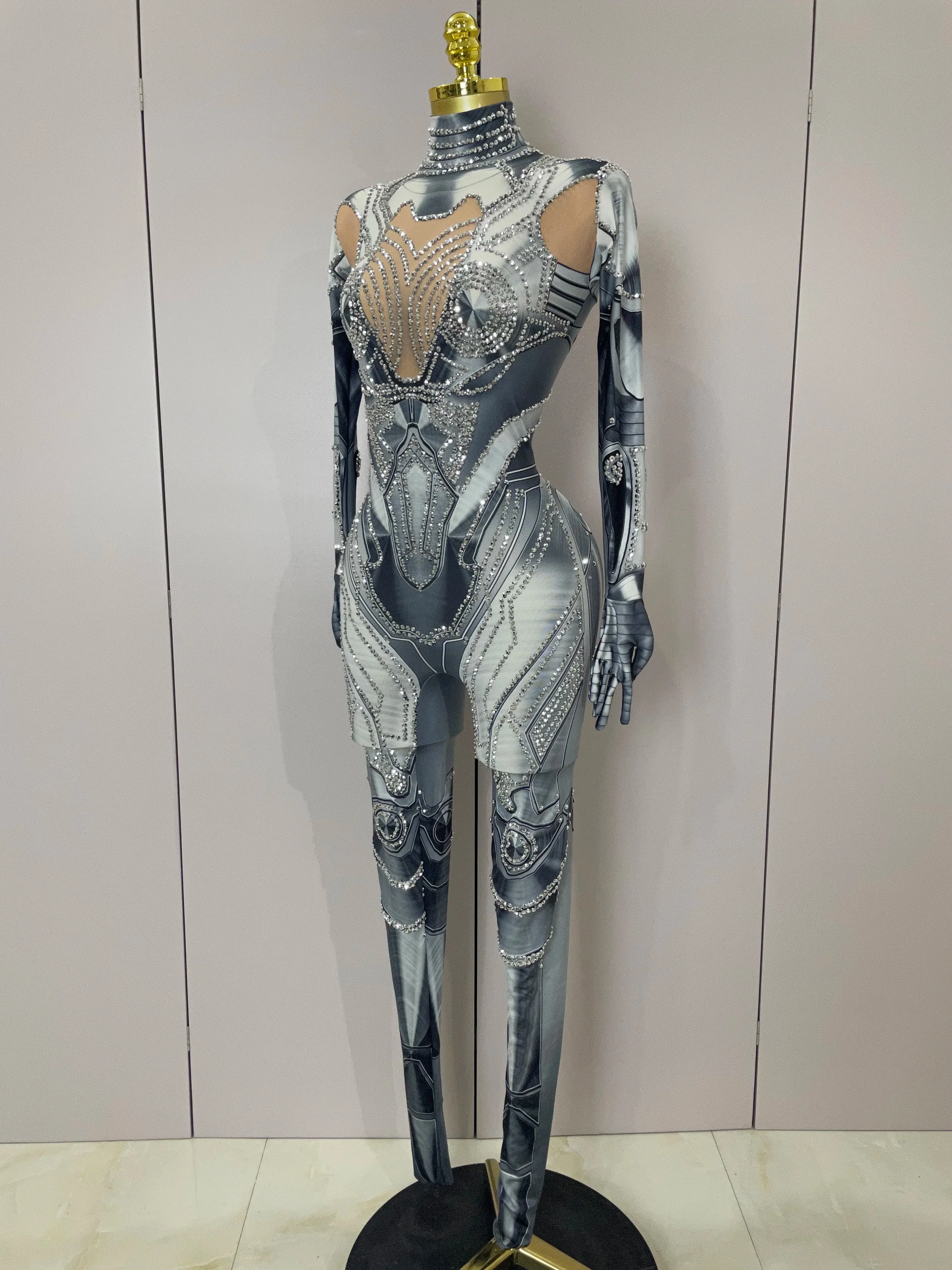 Trendy Women Sexy Rhinestones Printed Skinny Jumpsuit High Street Performance Dance Costume Bar Club Show Stage Wear - Image 2