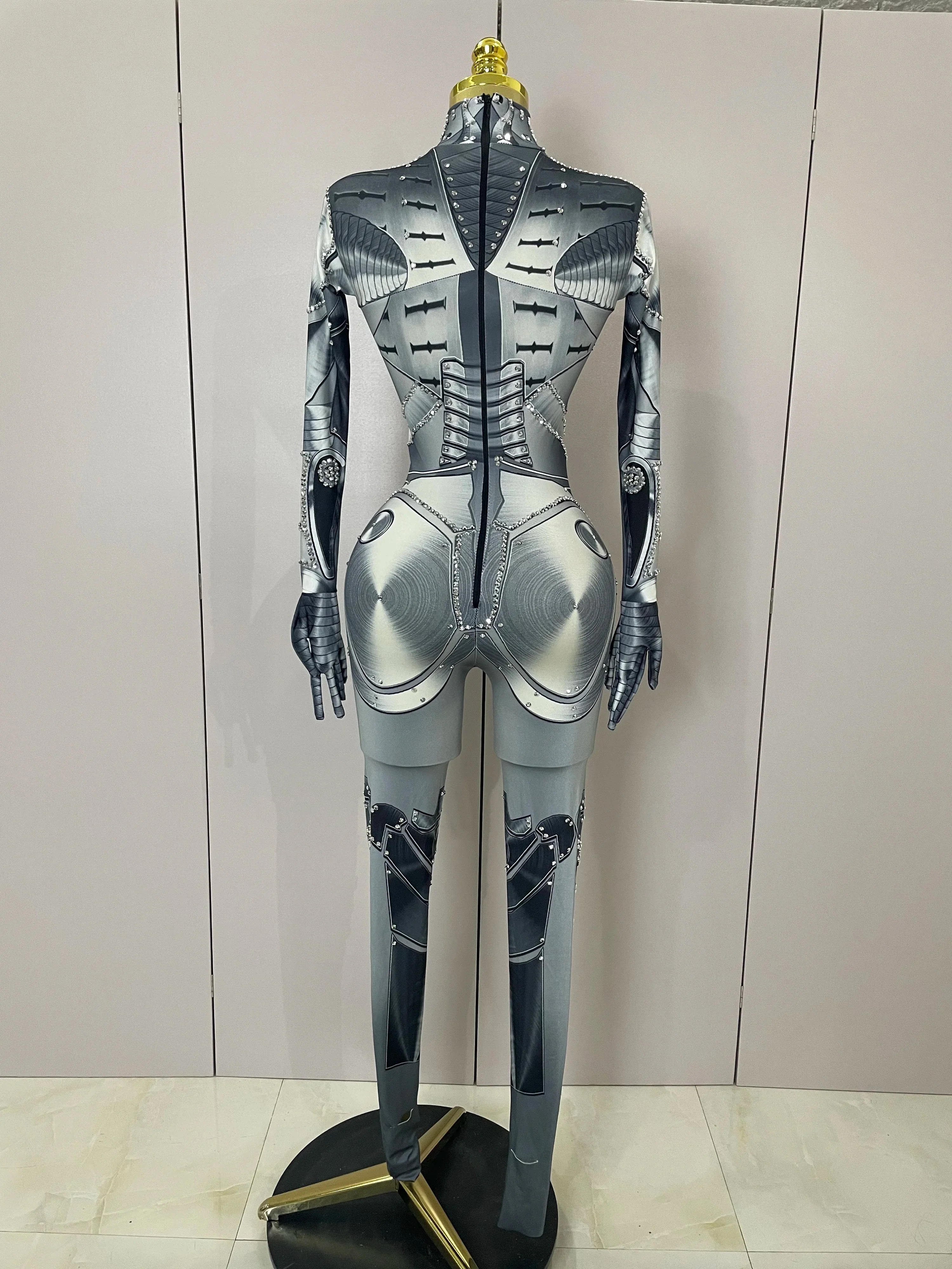 Trendy Women Sexy Rhinestones Printed Skinny Jumpsuit High Street Performance Dance Costume Bar Club Show Stage Wear - Image 3