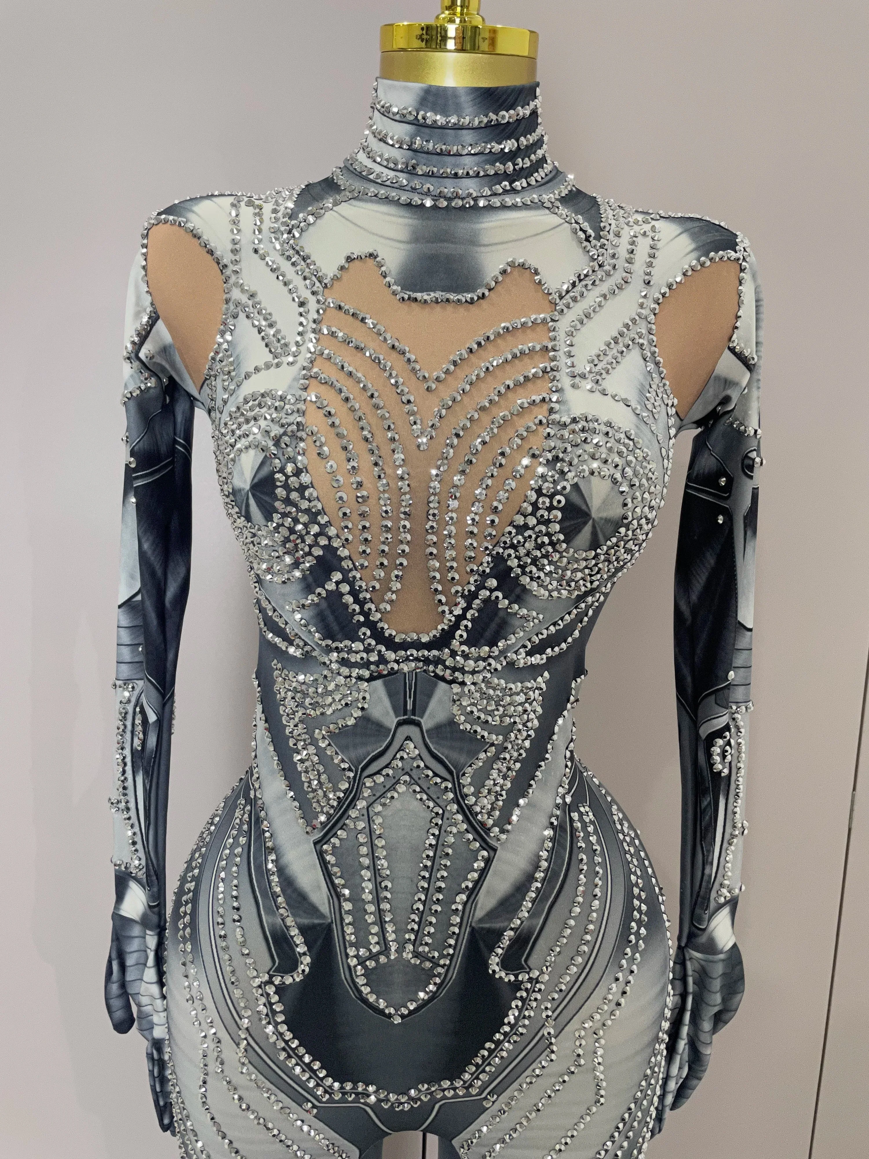 Trendy Women Sexy Rhinestones Printed Skinny Jumpsuit High Street Performance Dance Costume Bar Club Show Stage Wear - Image 5