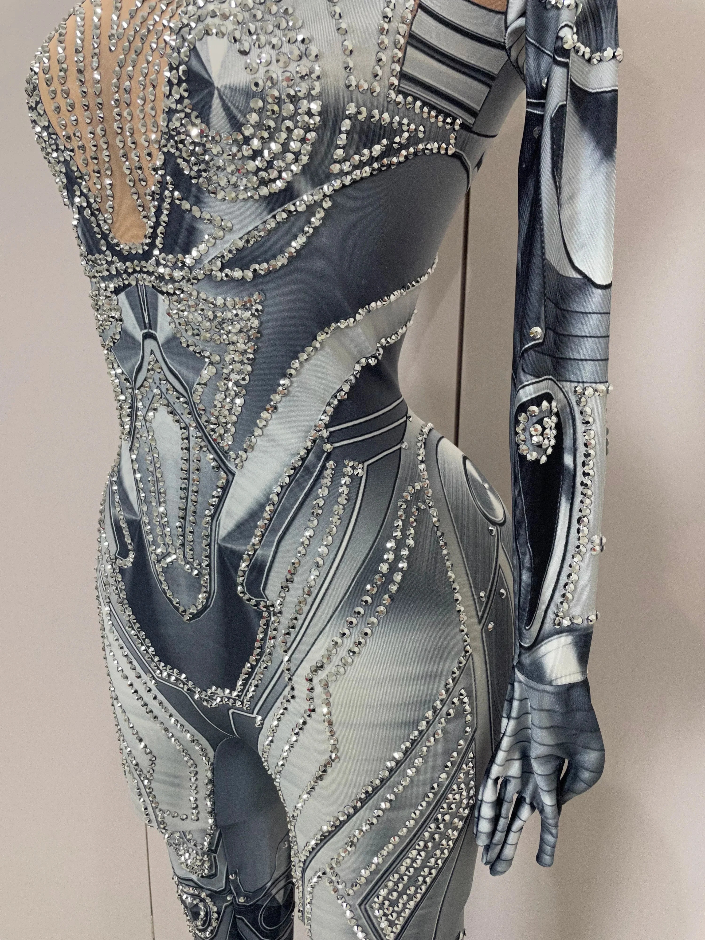 Trendy Women Sexy Rhinestones Printed Skinny Jumpsuit High Street Performance Dance Costume Bar Club Show Stage Wear - Image 6