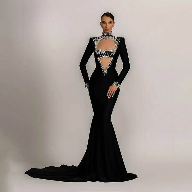New Winter Style Women Long Sleeve Sexy Mesh Sparkly Crystal Bodycon Long Bandage Dress Fashion Celebrate Evening Party Dress