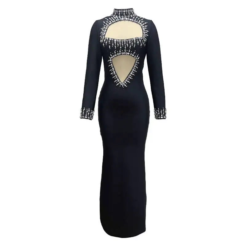 New Winter Style Women Long Sleeve Sexy Mesh Sparkly Crystal Bodycon Long Bandage Dress Fashion Celebrate Evening Party Dress - Image 3